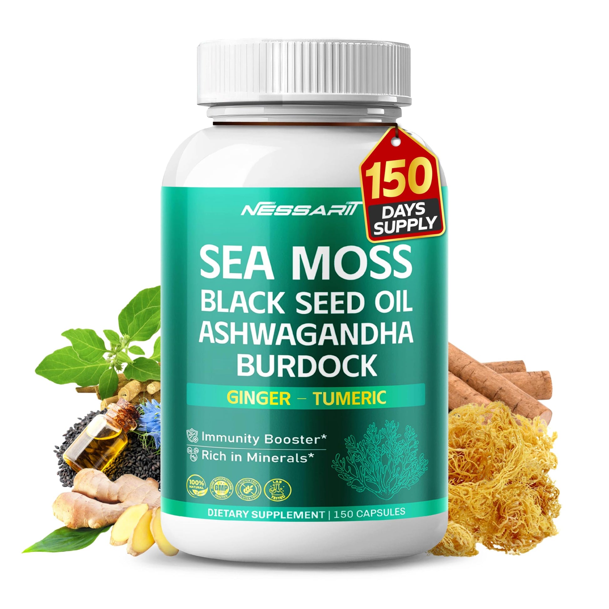 NESSARIT Sea Moss Supplement 16-in-1 Natural Blend with Black Seed Oil Ashwagandha Burdock Bladderwrack Ginger Dandelion Capsules 150 Count