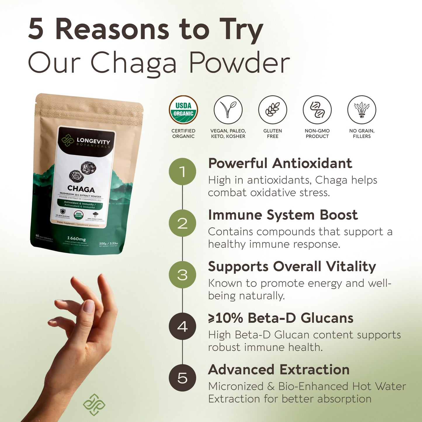 Longevity Botanicals Organic Chaga Mushroom Powder Supplement Extract 3.53 Ounce