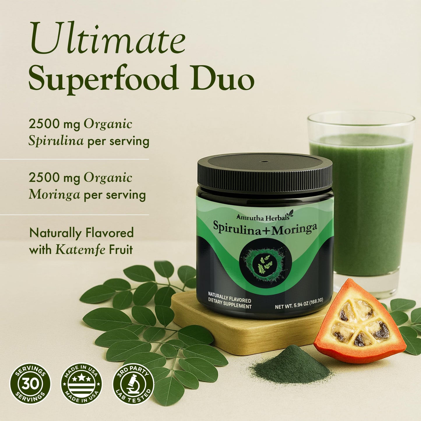 Amrutha Herbals Organic Spirulina + Organic Moringa Greens Powder, 5.94 Ounce