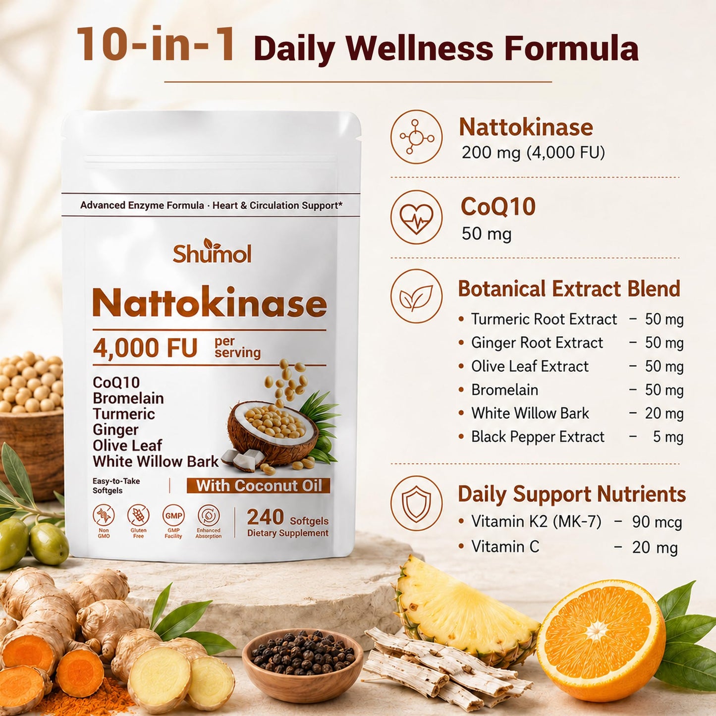 Shumol Nattokinase Supplement 4,000 FU, 10-in-1 Softgels with CoQ10, Bromelain, Turmeric, Ginger, Olive Leaf & White Willow Bark, Enteric Coated with MCT Oil, Non-GMO, Gluten Free, 240 Softgels