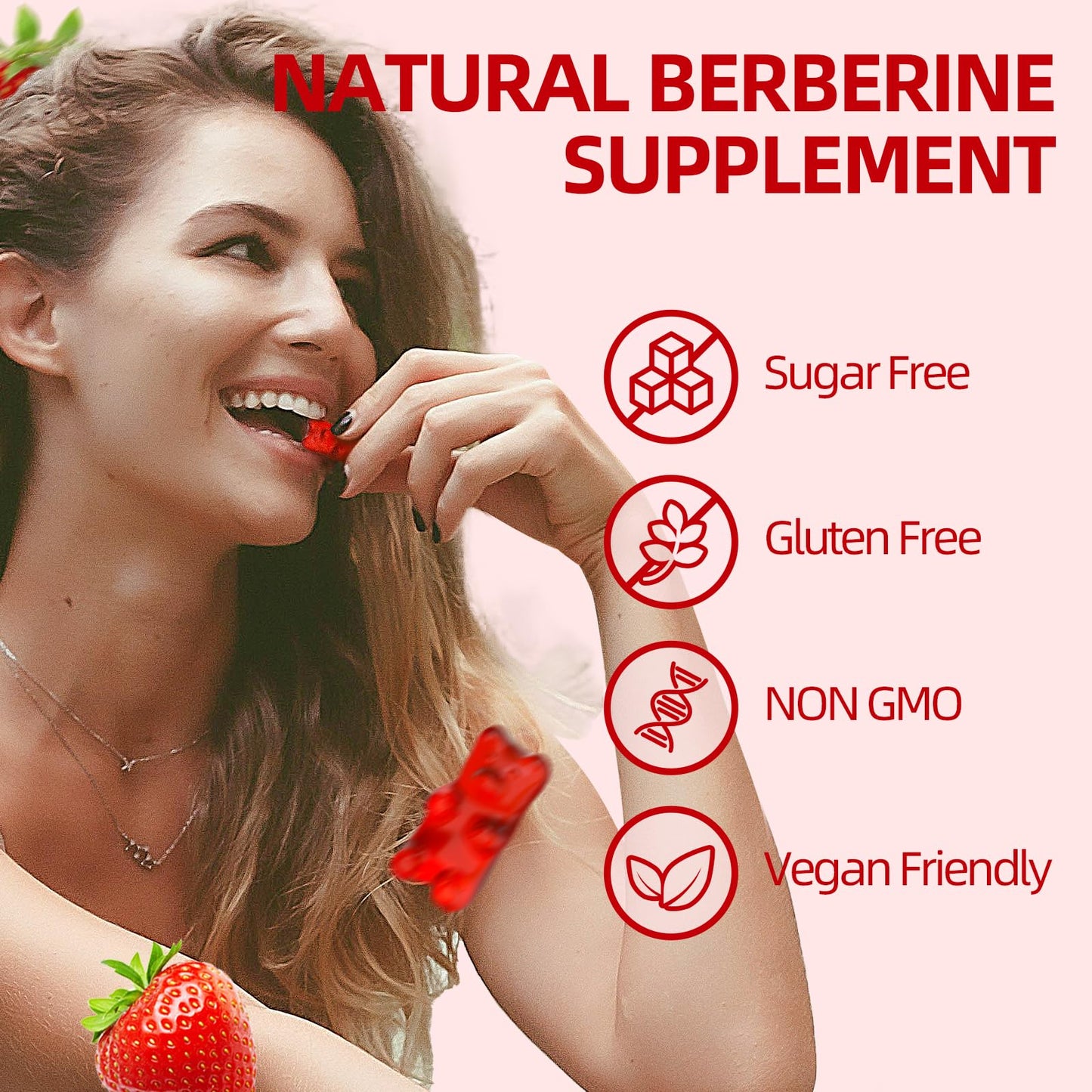 GrnLife Berberine Gummies with Ceylon Cinnamon High Potency Berberine HCL Supplement for Immune and Metabolism Support, Sugar Free Strawberry Flavor, 60 Count
