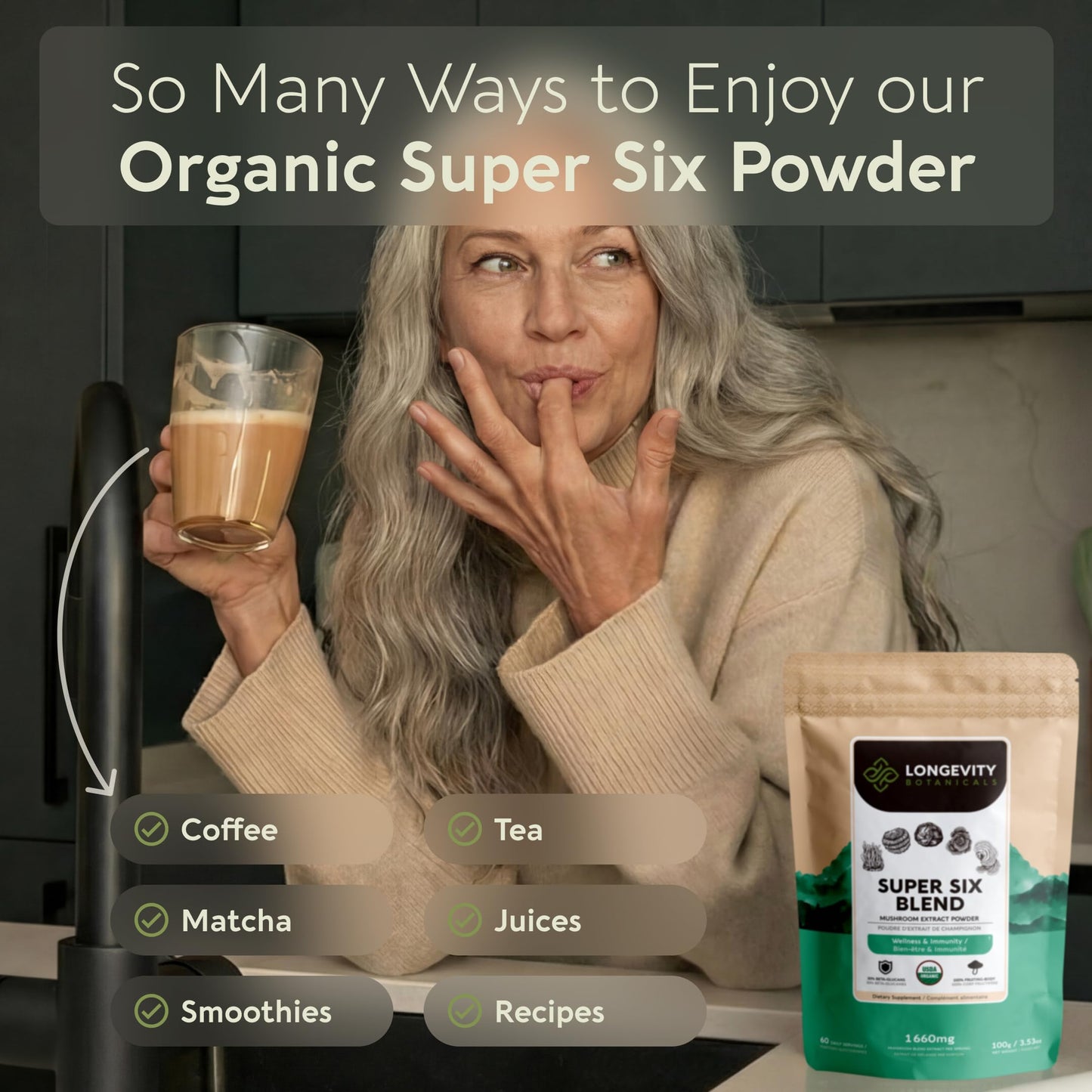 Longevity Botanicals Organic Super Six Mushroom Powder Supplement Extract | Full-Spectrum Blend, 3.5 Ounce
