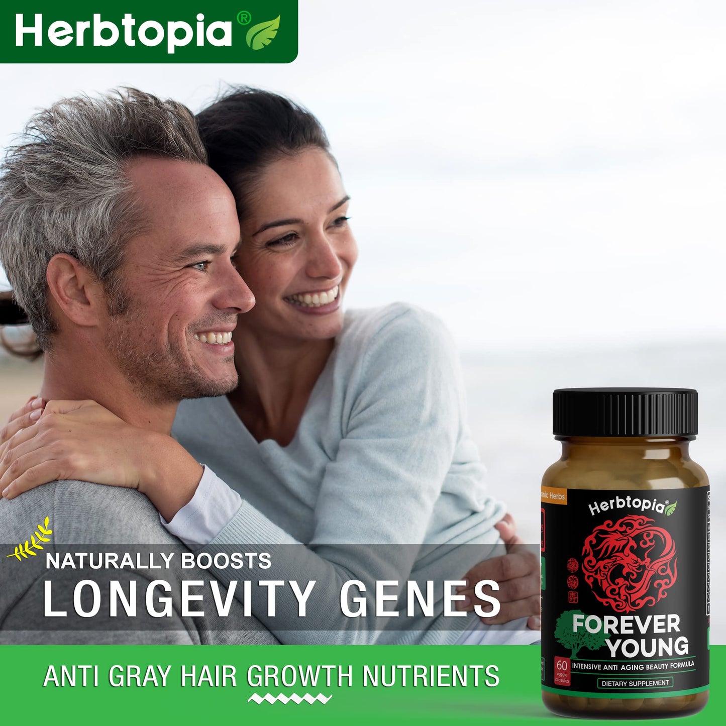 Herbtopia Forever Young Anti Aging Adaptogen Supplement with Organic Red Ginseng, Astragalus, Reishi, Lion's Mane & Codonopsis — Supports Immune Function, Healthy Aging & Longevity, 60 Vegan Capsules