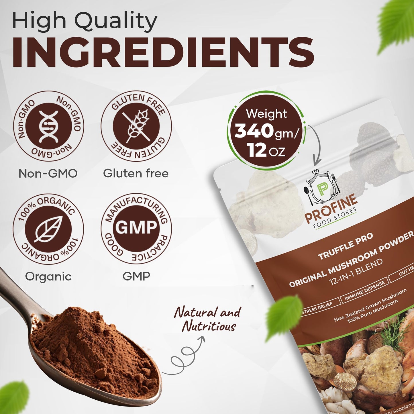 Profine Food Stores Truffle PRO Mushroom Powder 12-in-1 Super Blend with Black Truffle and White Truffle - USDA Organic - Powder, 12 oz