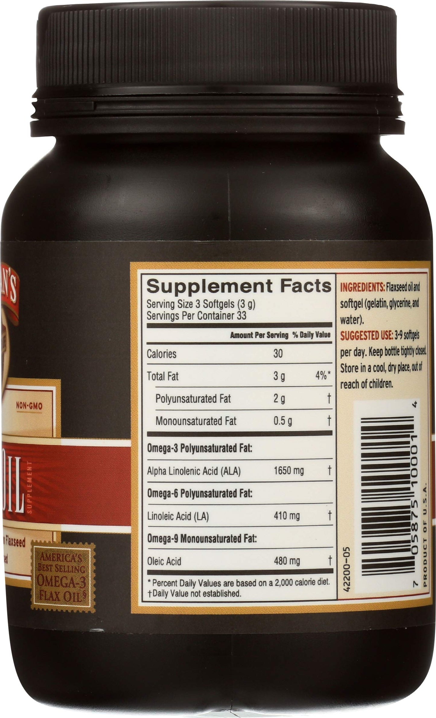 Barlean's Flaxseed Oil Softgels 1650mg ALA, Omega 3-6-9, Non-GMO, 100 Softgels
