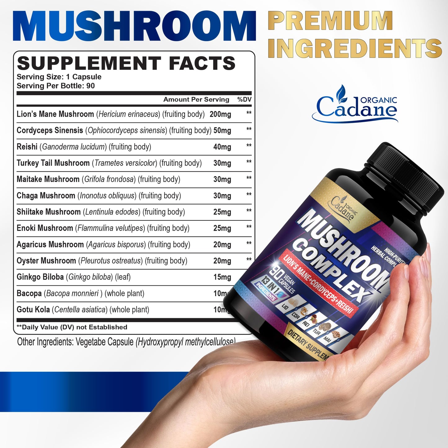Organic Cadane Mushroom Complex Supplements Capsule, 13-in-1, 90 Vegan Capsules