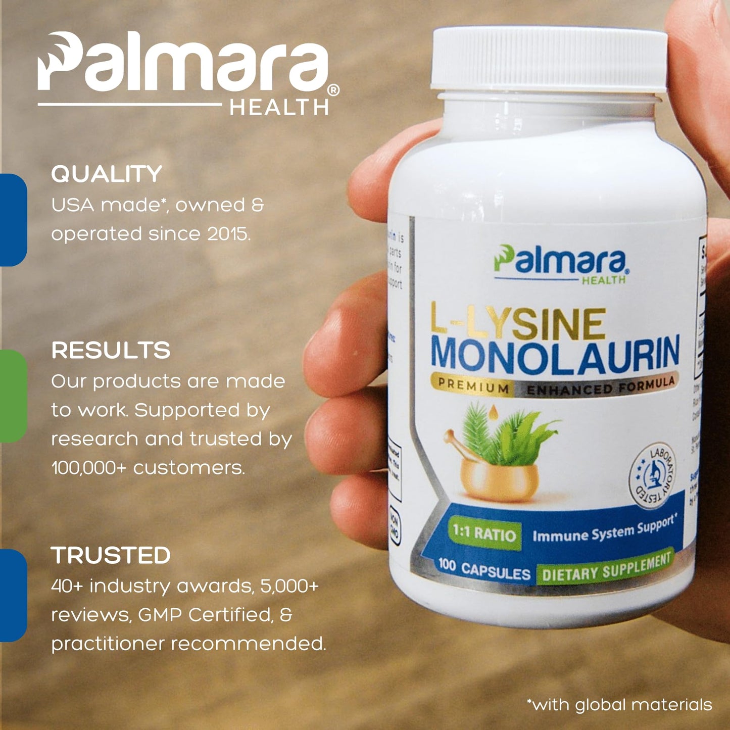 Palmara Health L-Lysine with Monolaurin 600mg 1:1 Ratio, Capsule, 100 Capsules