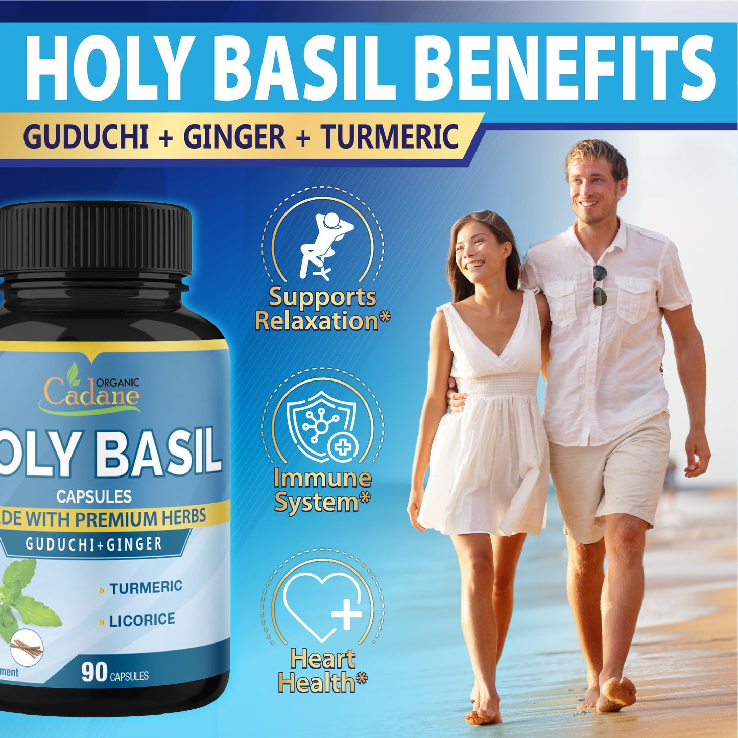 Organic Cadane Holy Basil Supplements Capsules, 90 Count