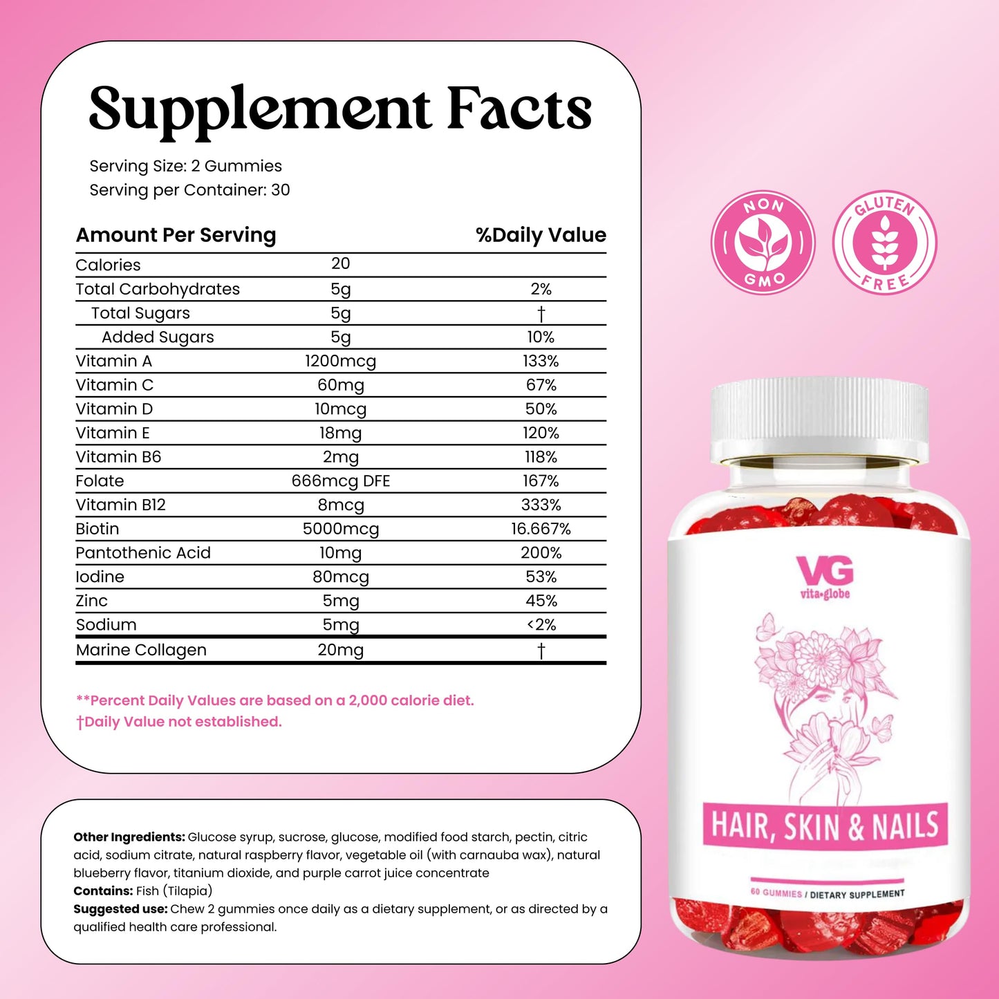 VITA GLOBE Hair, Skin & Nails + Collagen Gummies – 20mg with Vitamins A, C, D, E, B6 & Biotin, Beauty & Wellness Supplement for Healthy Hair Growth, Radiant Skin & Strong Nails, 60 Count