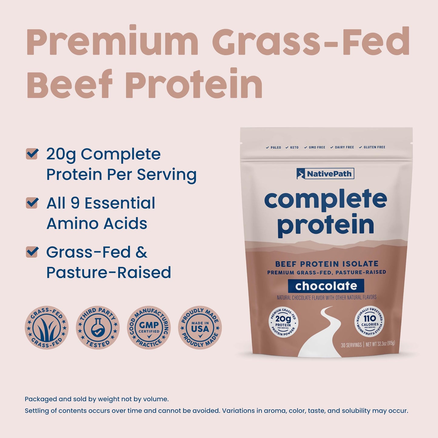 NativePath Complete Protein Powder, 20g Grass-Fed Beef, Chocolate, 30 Servings
