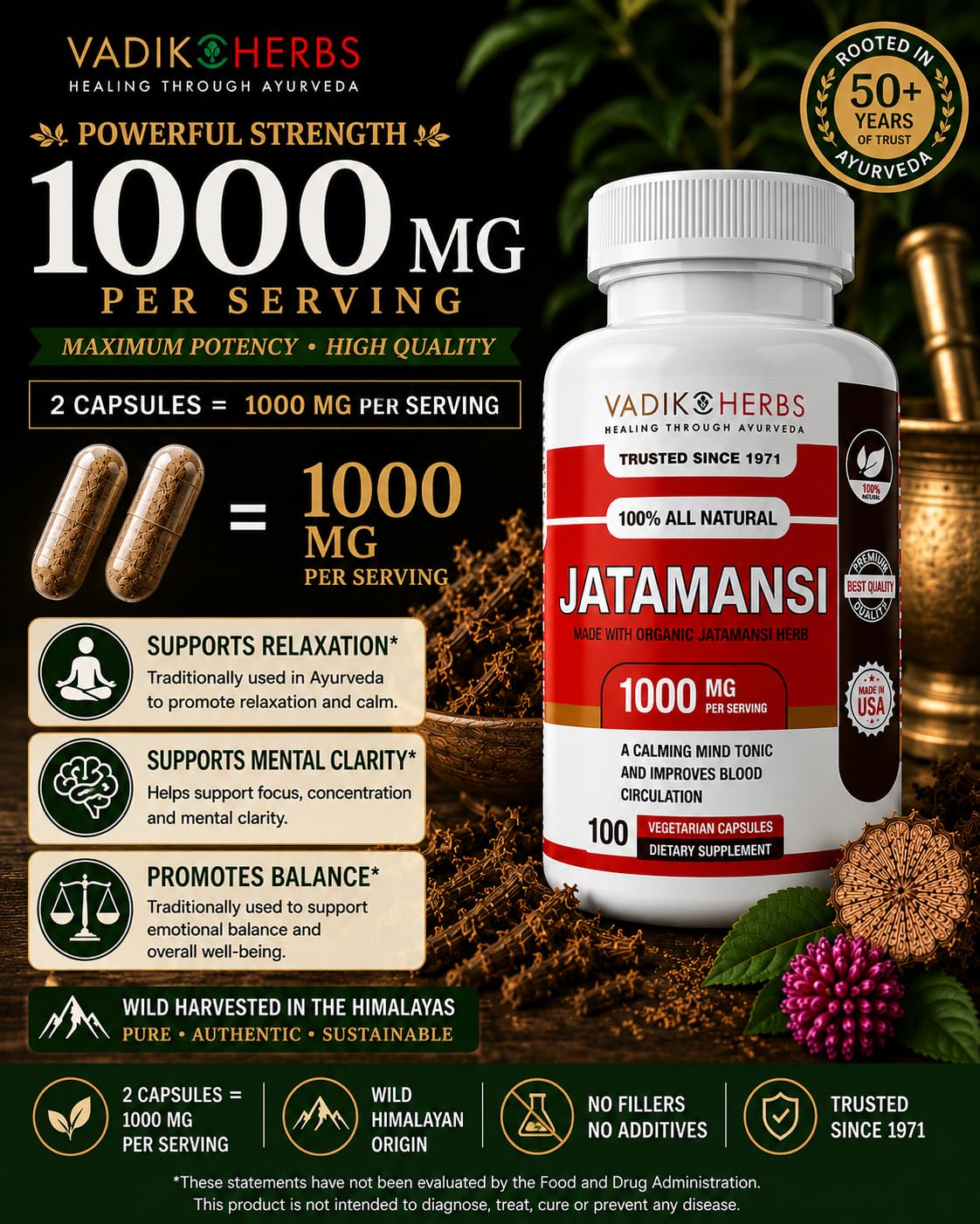 Vadik Herbs Jatamansi 1000mg Capsules, 100 Capsules