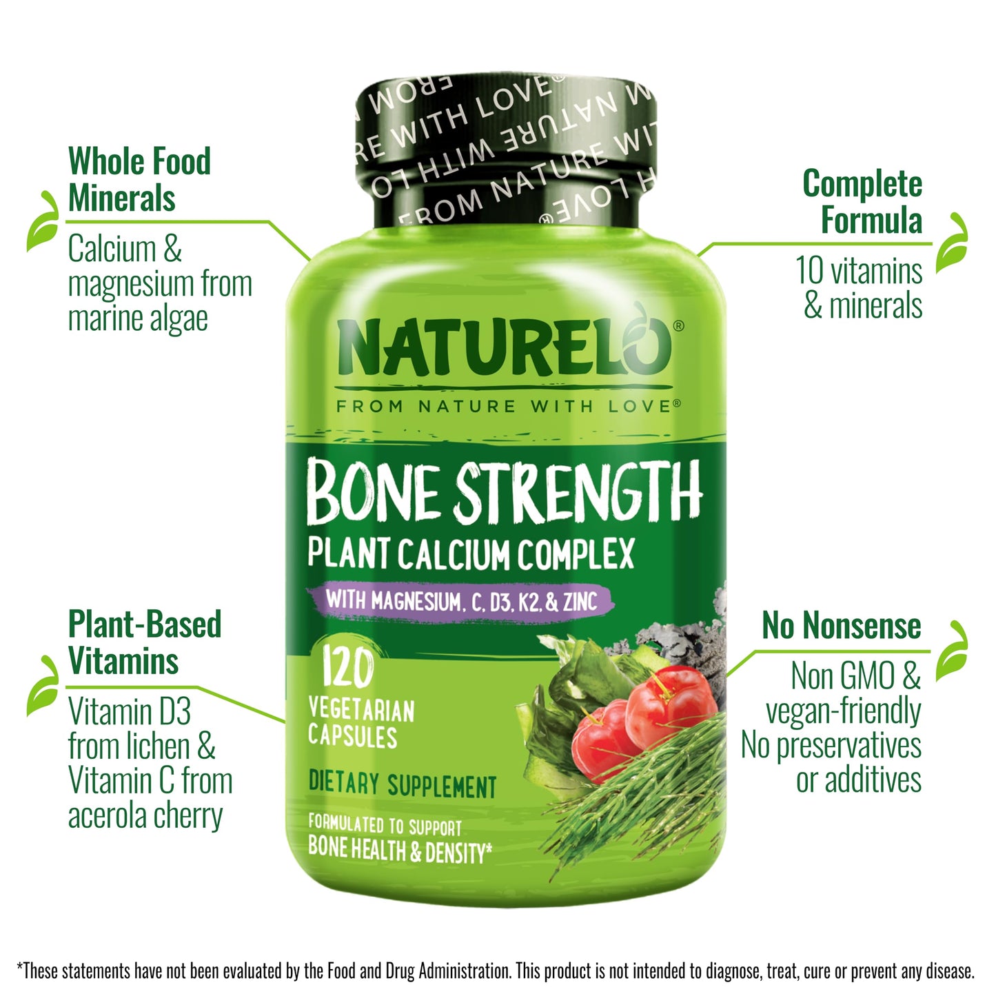 NATURELO Calcium 600mg Supplement for Bone Strength with Vitamin D3, 120 Capsules