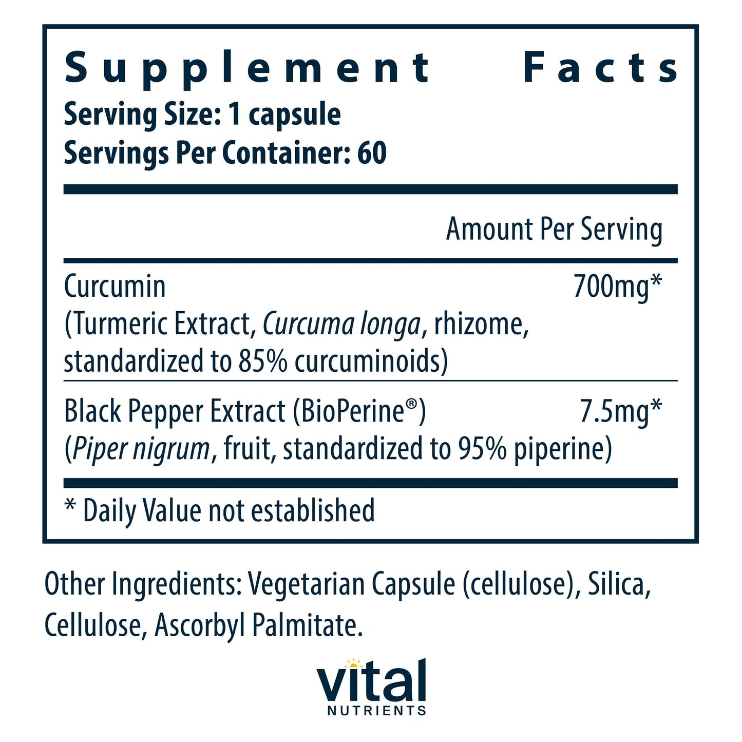 Vital Nutrients Curcumin Extract 700mg with Black Pepper Extract Capsules, 60 Count