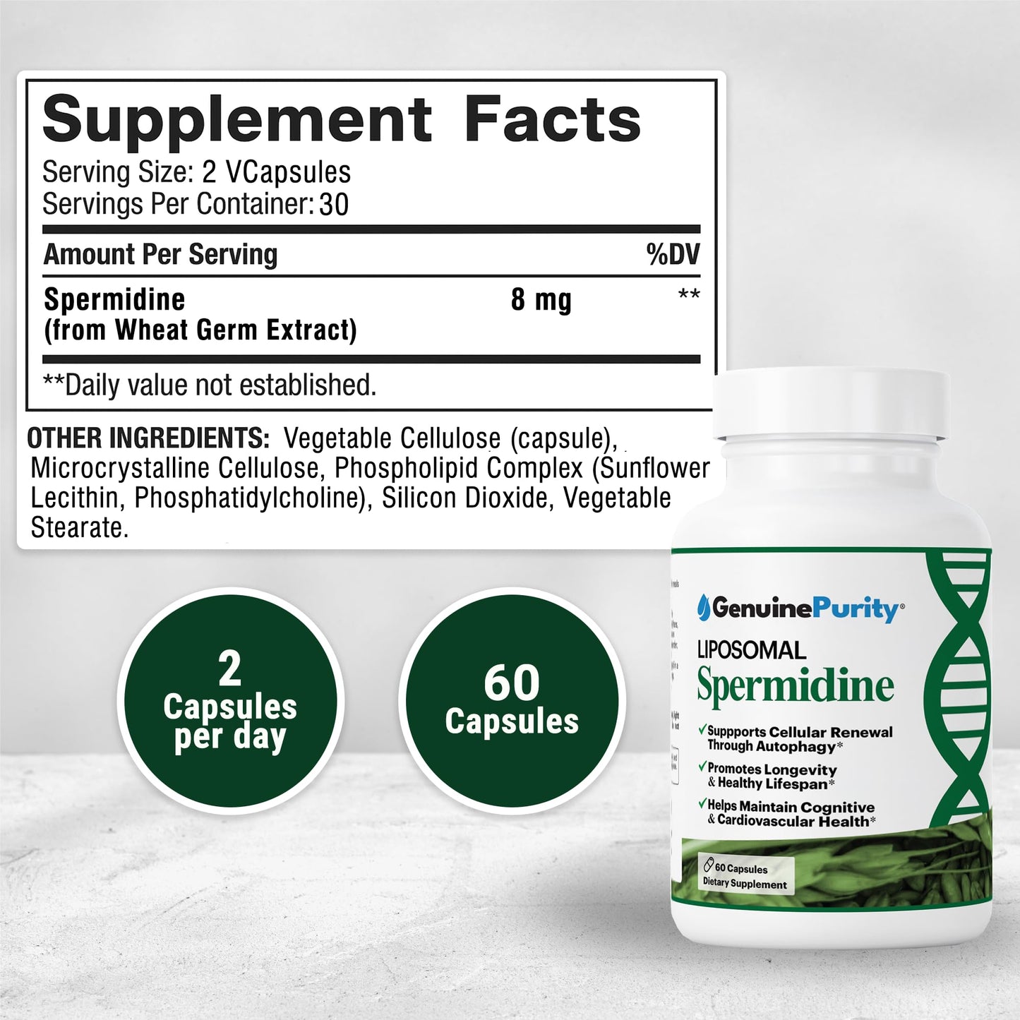 GenuinePurity Liposomal Spermidine 8mg Supplement, 60 Capsules for Cellular Renewal and Healthy Aging, Spermidine-Rich Wheat Germ Extract for Women and Men, Gluten Free, Vegan, Made in USA, Non-GMO