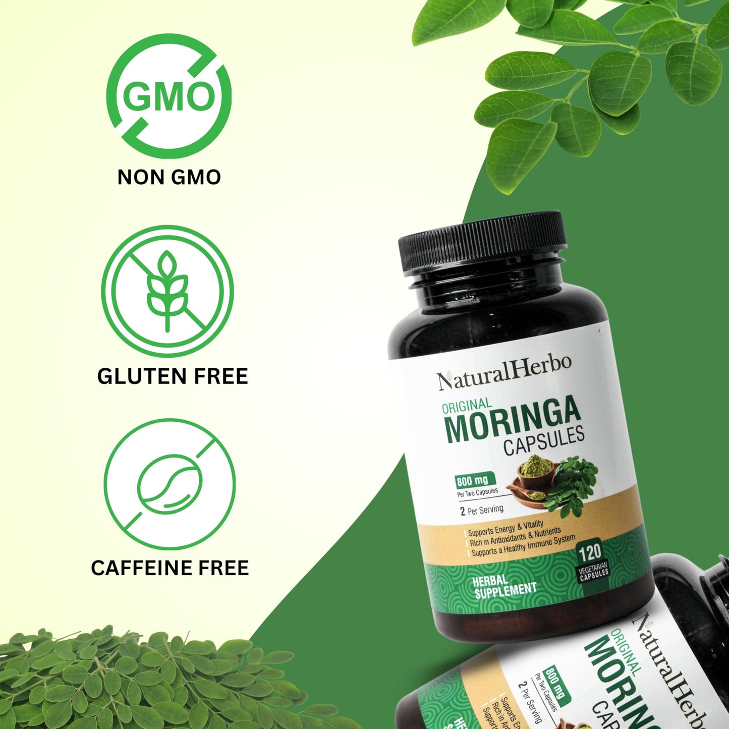 NaturalHerbo Pure Moringa Capsules (800mg), 120 Capsules