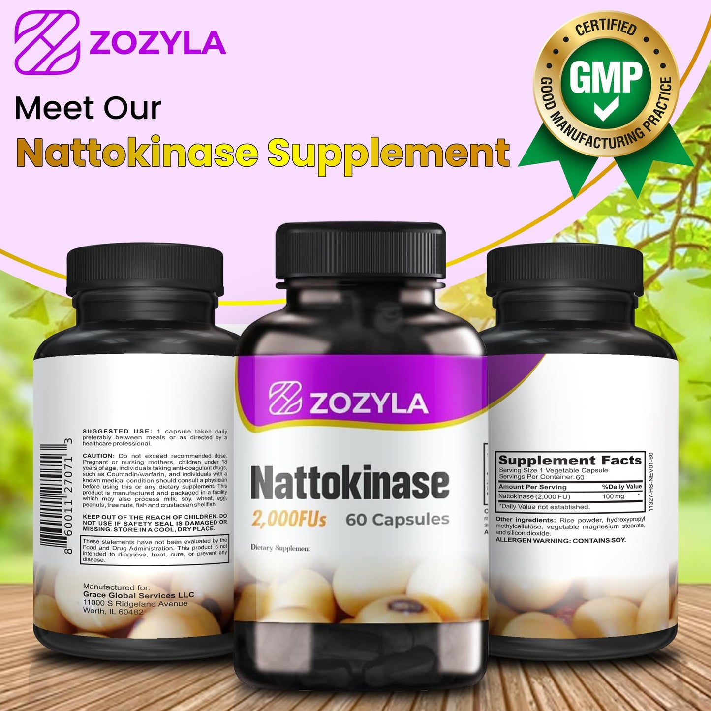 ZOZYLA Nattokinase Supplement 2,000 FU, 60 Capsules