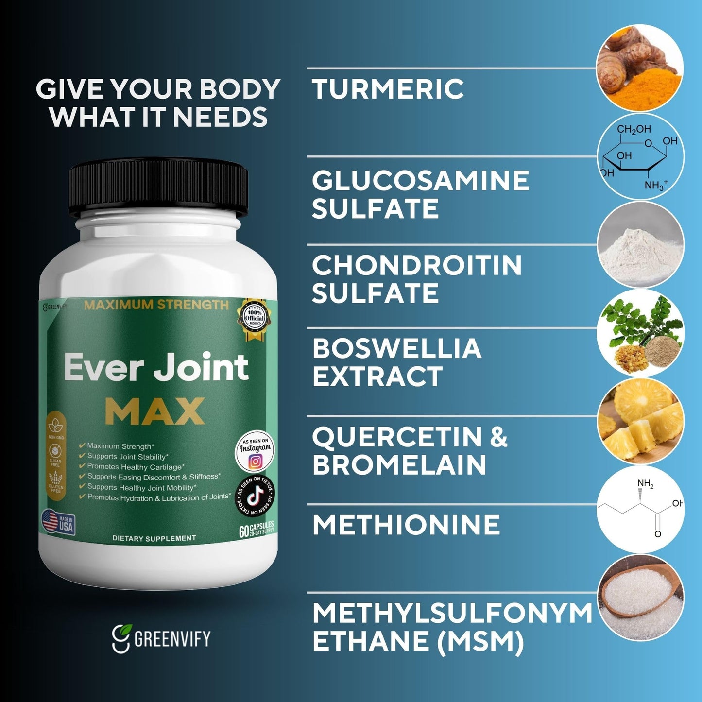 GREENVIFY Ever Joint MAX Joint Support Supplement Glucosamine Chondroitin Capsules 60 Capsules
