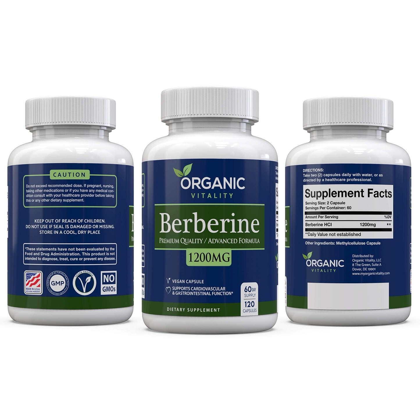 ORGANIC VITALITY Berberine HCL Supplement 1200mg Per Serving, Capsule, 120 Count