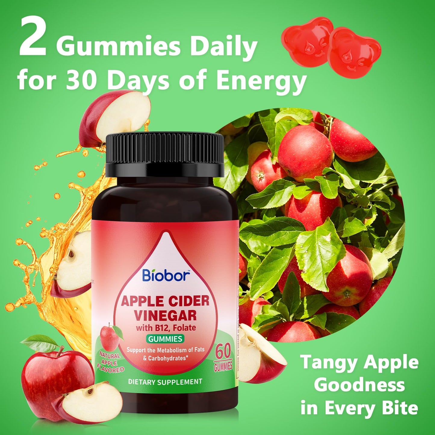 Biobor Apple Cider Vinegar Gummies 1000 mg with Vitamin B12, 120 Gummies