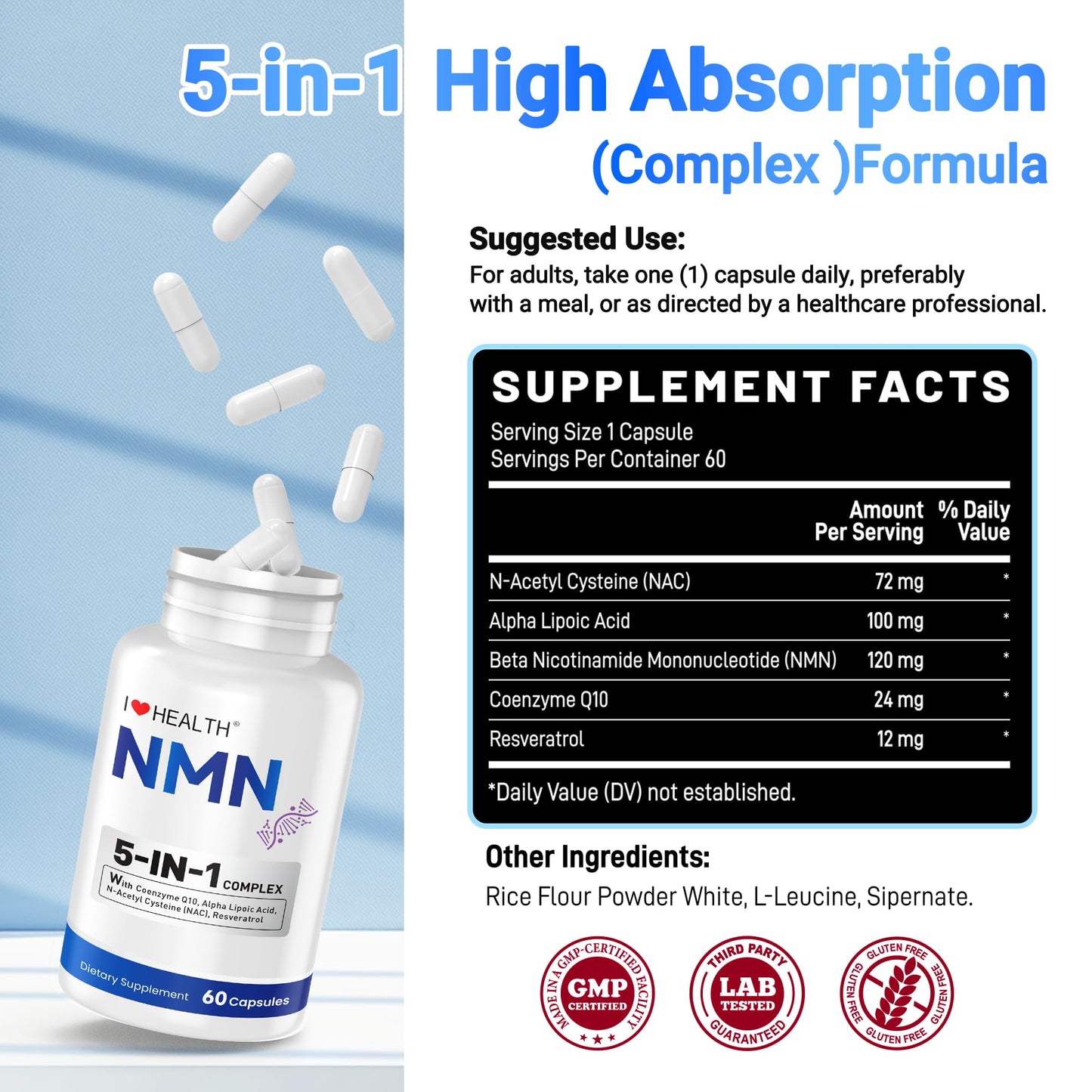 I LOVE HEALTH NMN Supplement 5-in-1 Complex with NAC, Alpha Lipoic Acid, CoQ10 & Resveratrol - High Absorption Anti Aging Formula, Capsules, 60 Count