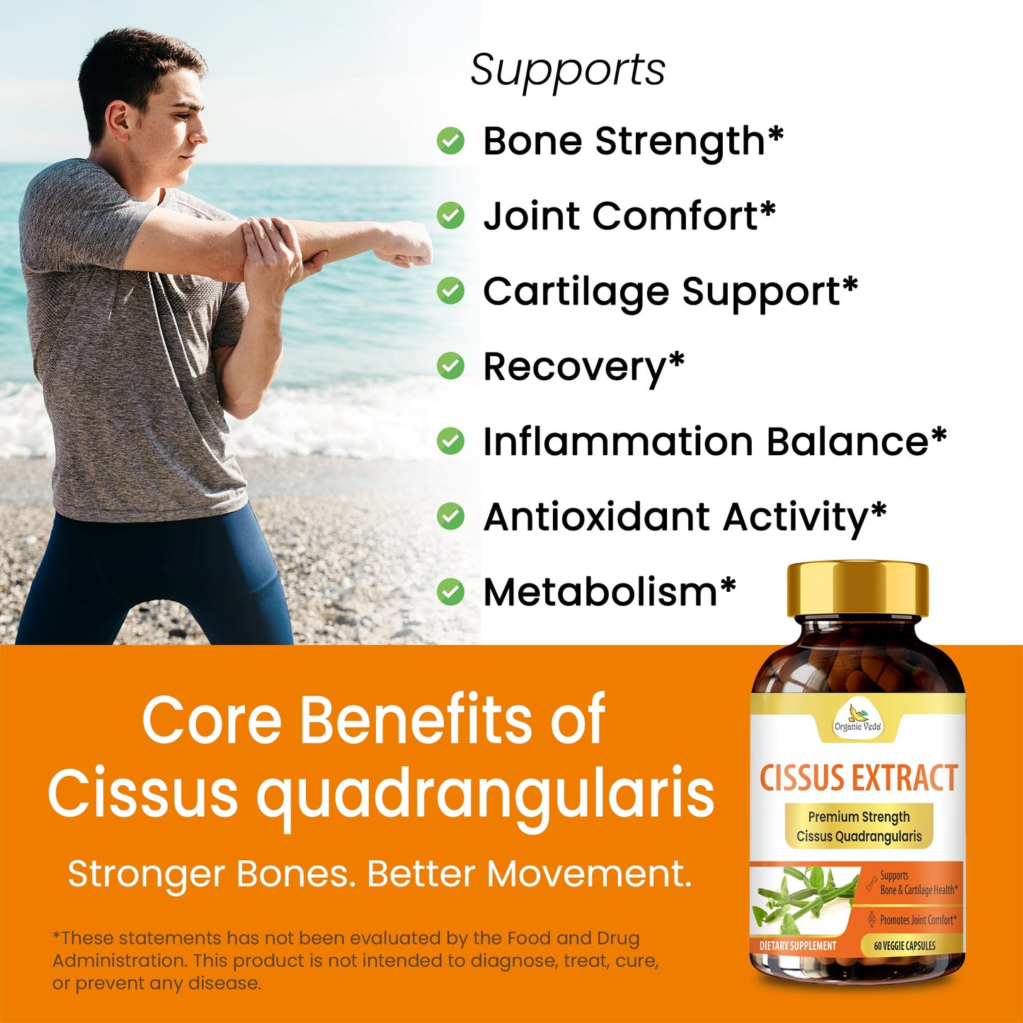 Organic Veda Cissus Quadrangularis Extract 1200mg Capsules, 60 Vegan Capsules