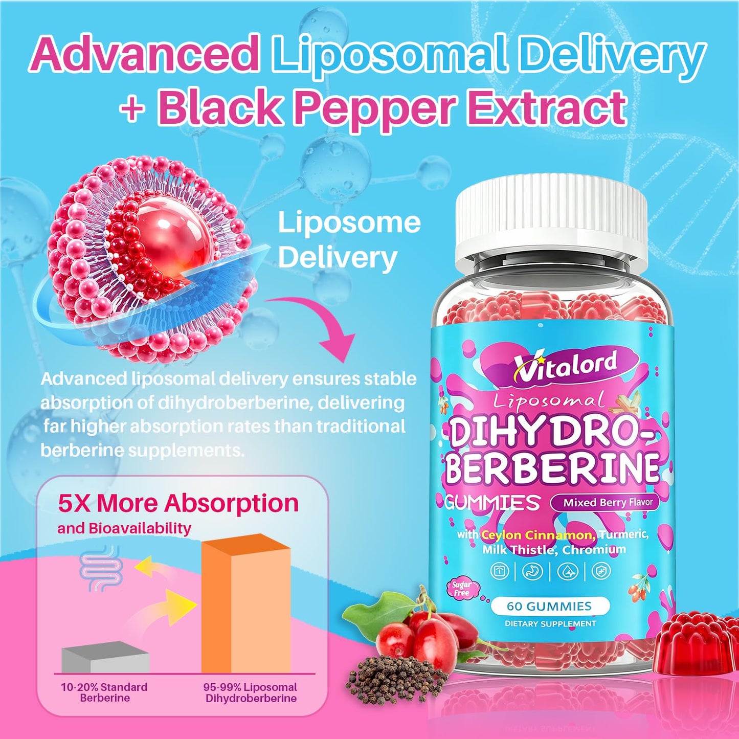 Vitalord Dihydroberberine Gummies 300mg with Organic Ceylon Cinnamon, 60 Count