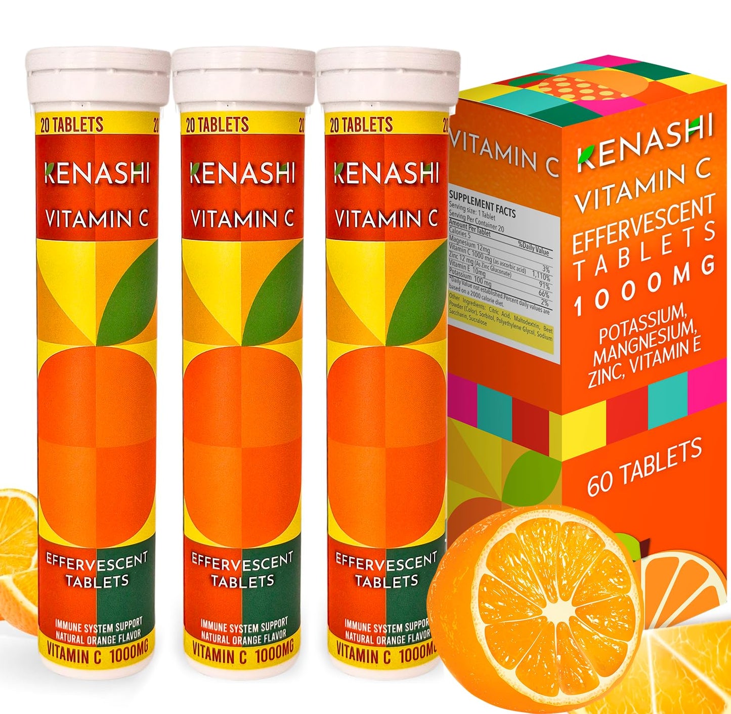 Kenashi Vitamin C Effervescent Tablets 1000mg with Magnesium Zinc Vitamin E & Potassium Vitamina C Efervescente, 60 Tablets, Pack of 3
