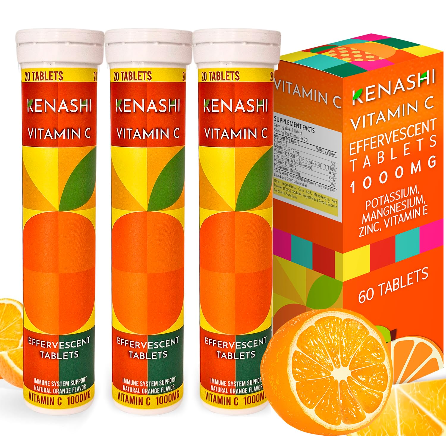 Kenashi Vitamin C Effervescent Tablets 1000mg with Magnesium Zinc Vitamin E & Potassium Vitamina C Efervescente, 60 Tablets, Pack of 3