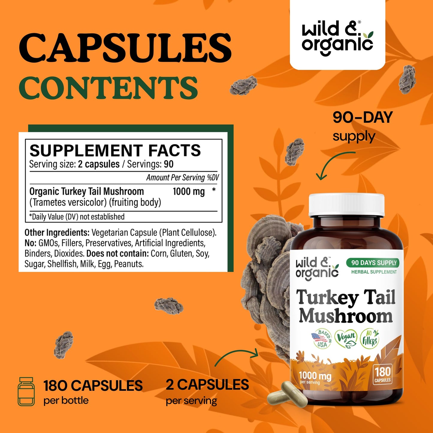Wild & Organic Turkey Tail Mushroom 1000 mg 180 Capsules