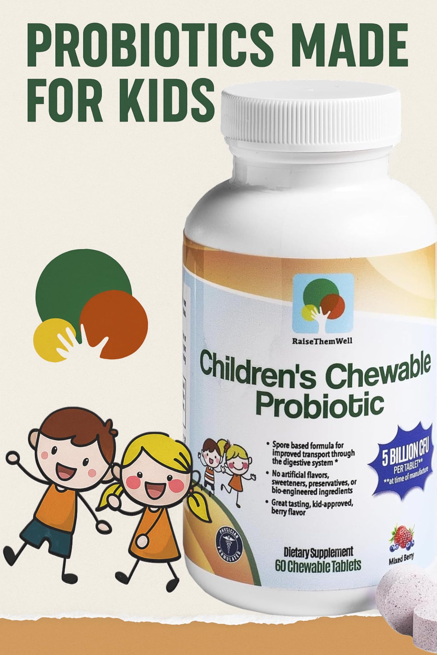 Raise Them Well Children’s Probiotic Chewable Gut Health Tablets for Kids, 60 Count