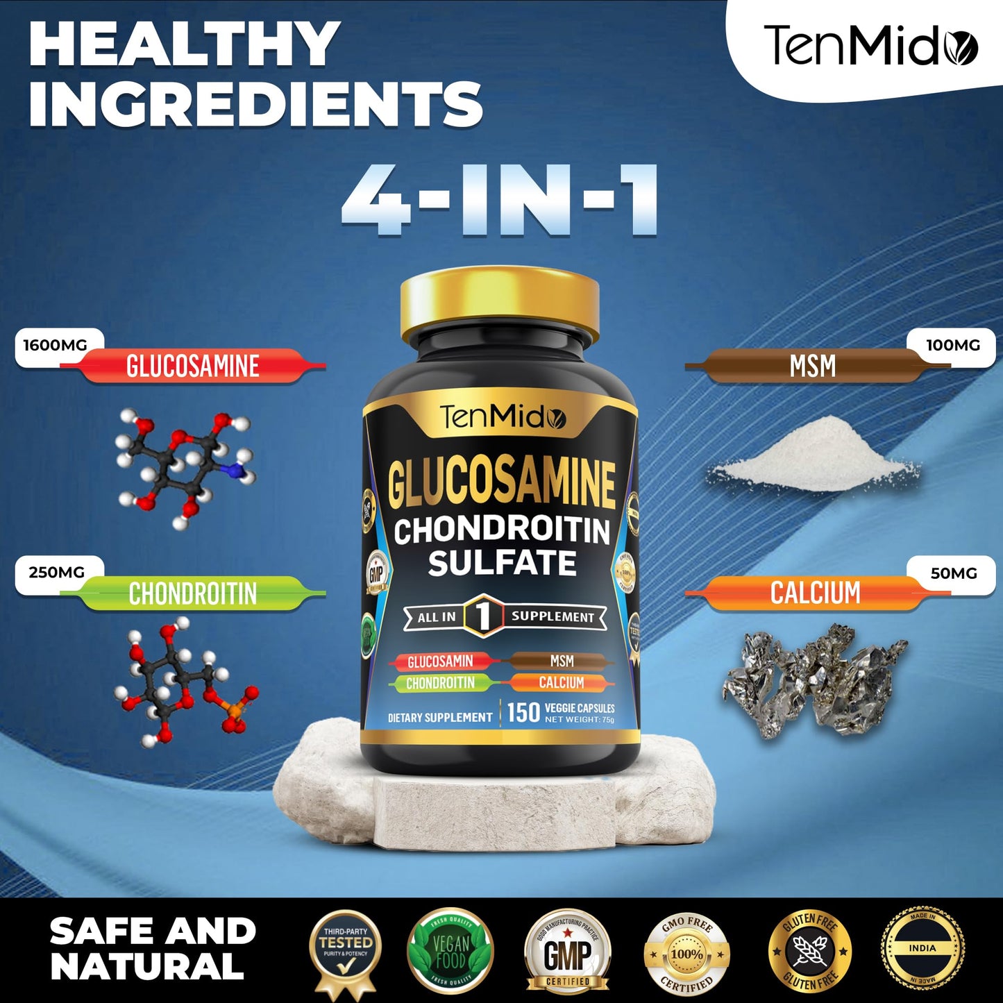 Tenmido Glucosamine Chondroitin MSM Supplement Capsules, 150 Count