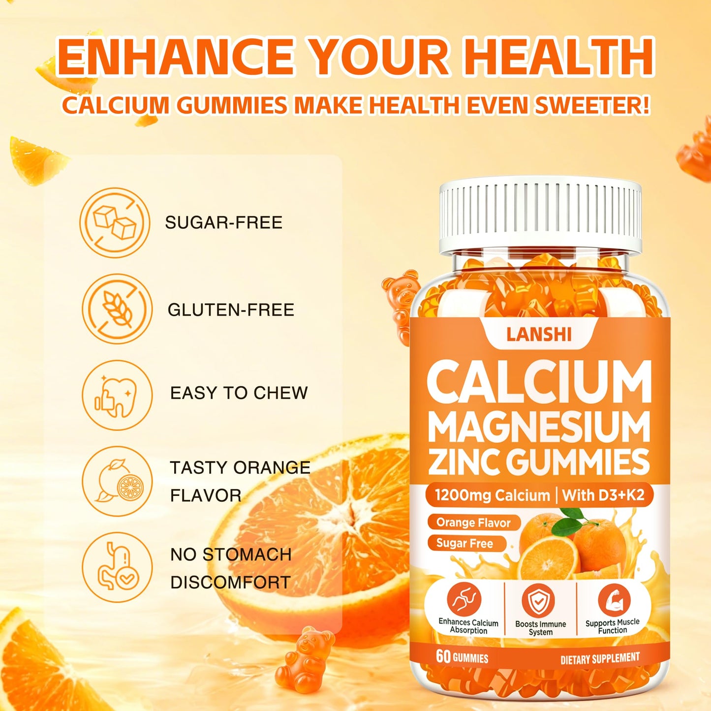 LANSHI Calcium Gummies 1200 mg with Vitamin D3, K2, B12, Magnesium & Zinc 60 Count