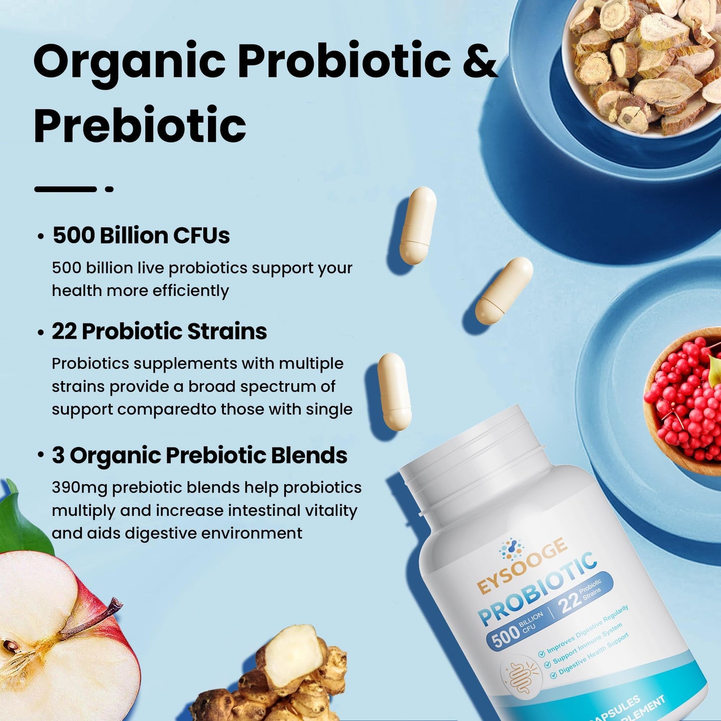 EYSOOGE Probiotics for Women and Men, 500 Billion CFU, 22 Strains + Organic Prebiotics, Daily Probiotics for Digestive, Immune, & Gut Health, 90 Capsules