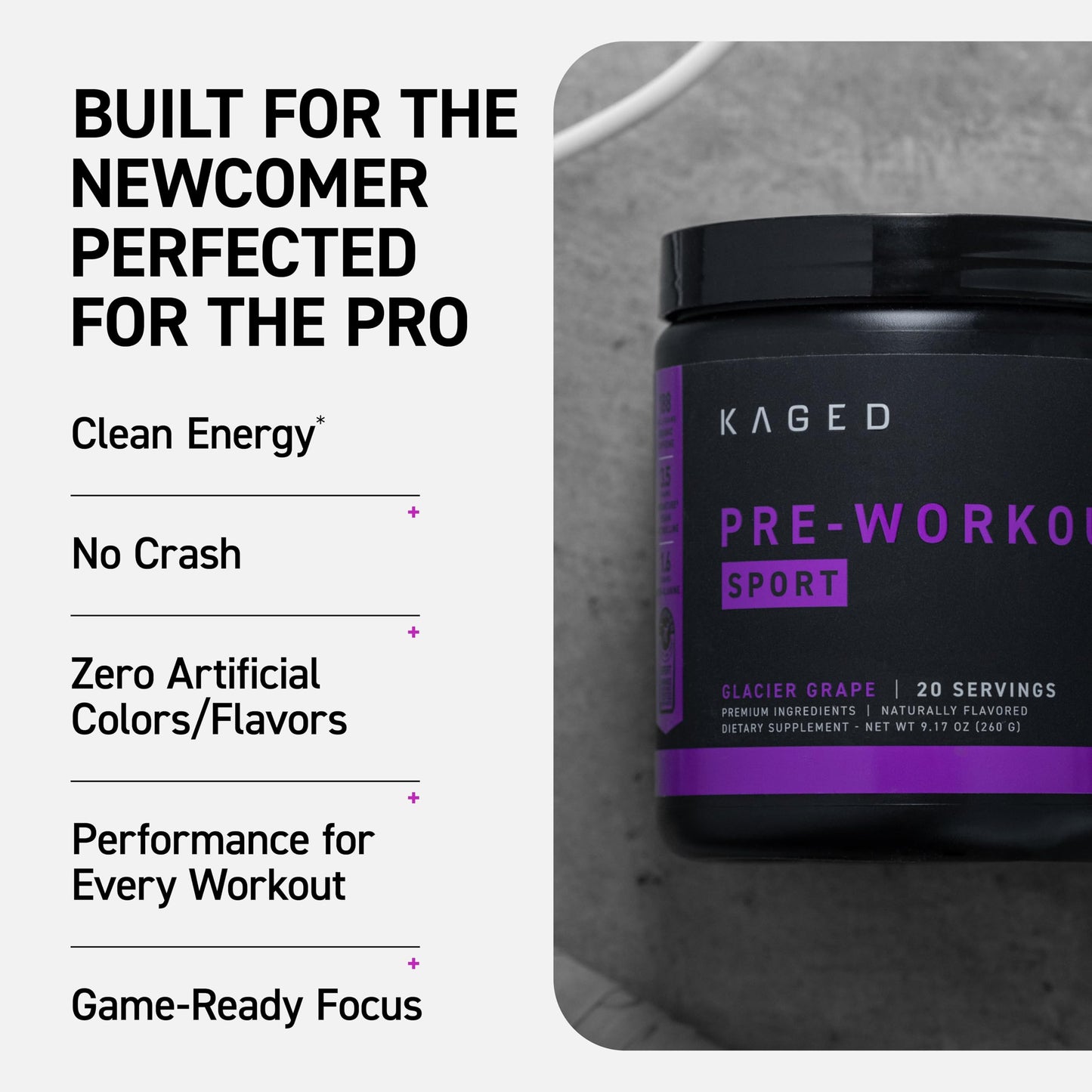 Kaged Sport Pre Workout Powder for Men & Women, Glacier Grape, 9.17 Ounce