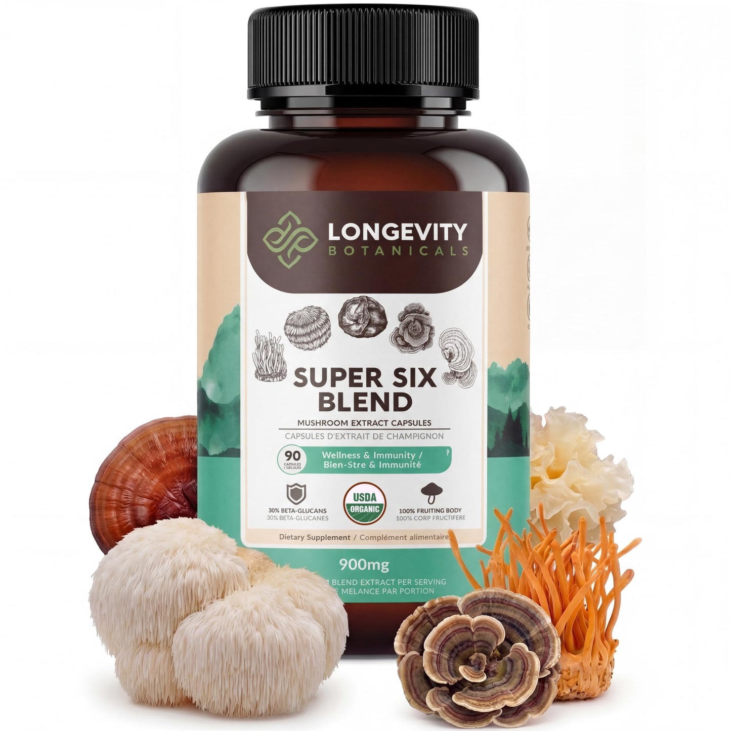 Longevity Botanicals Organic Super Six Mushroom Capsules 90 Capsules