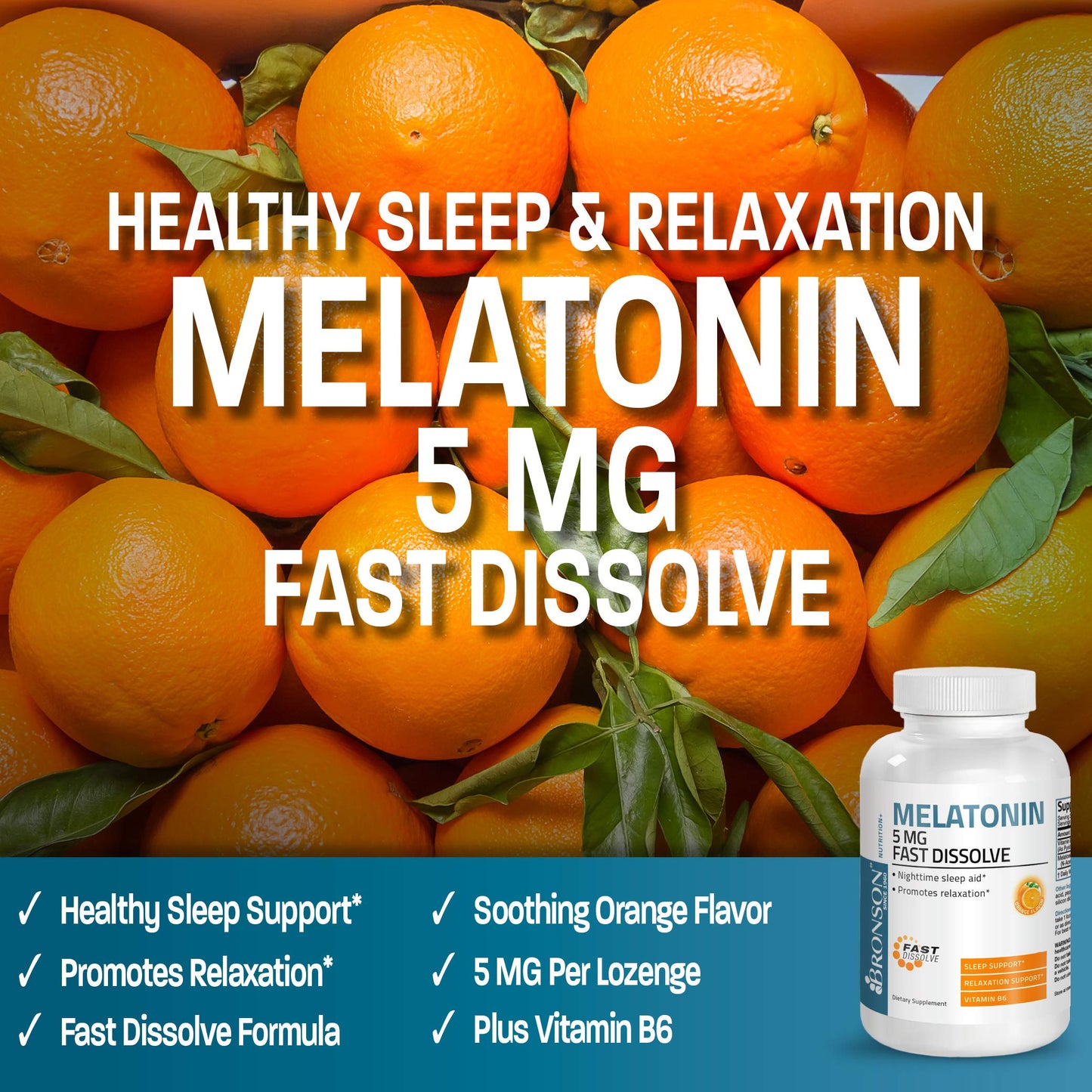 Bronson Melatonin Lozenge 5 mg Fast Dissolve Orange Flavor with Vitamin B6, 360 Lozenges