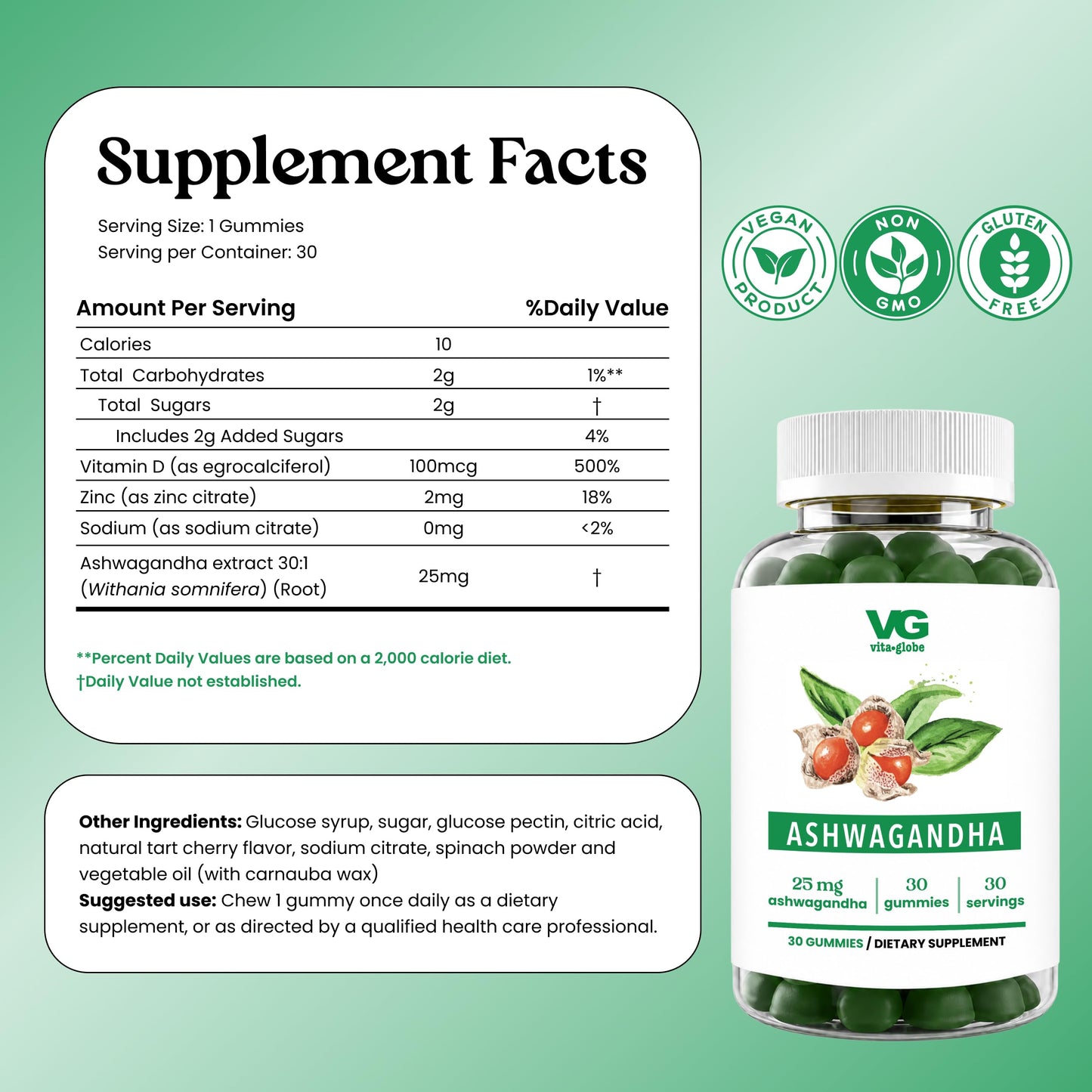 VITA GLOBE Ashwagandha Gummies 25mg for Women & Men, Vitamin D2 & Zinc, 60 Gummies