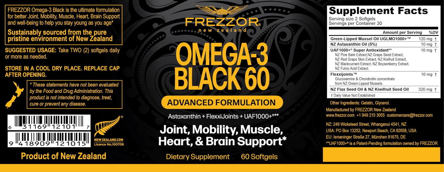 FREZZOR Omega 3 Black for Joint Care & Comfort with New Zealand Green-Lipped Mussel Oil, 450mg, 360 Capsules