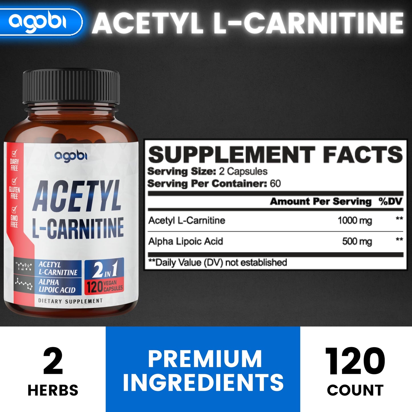 agobi Acetyl L-Carnitine & Alpha Lipoic Acid Complex 1500mg Capsules, 120 Count