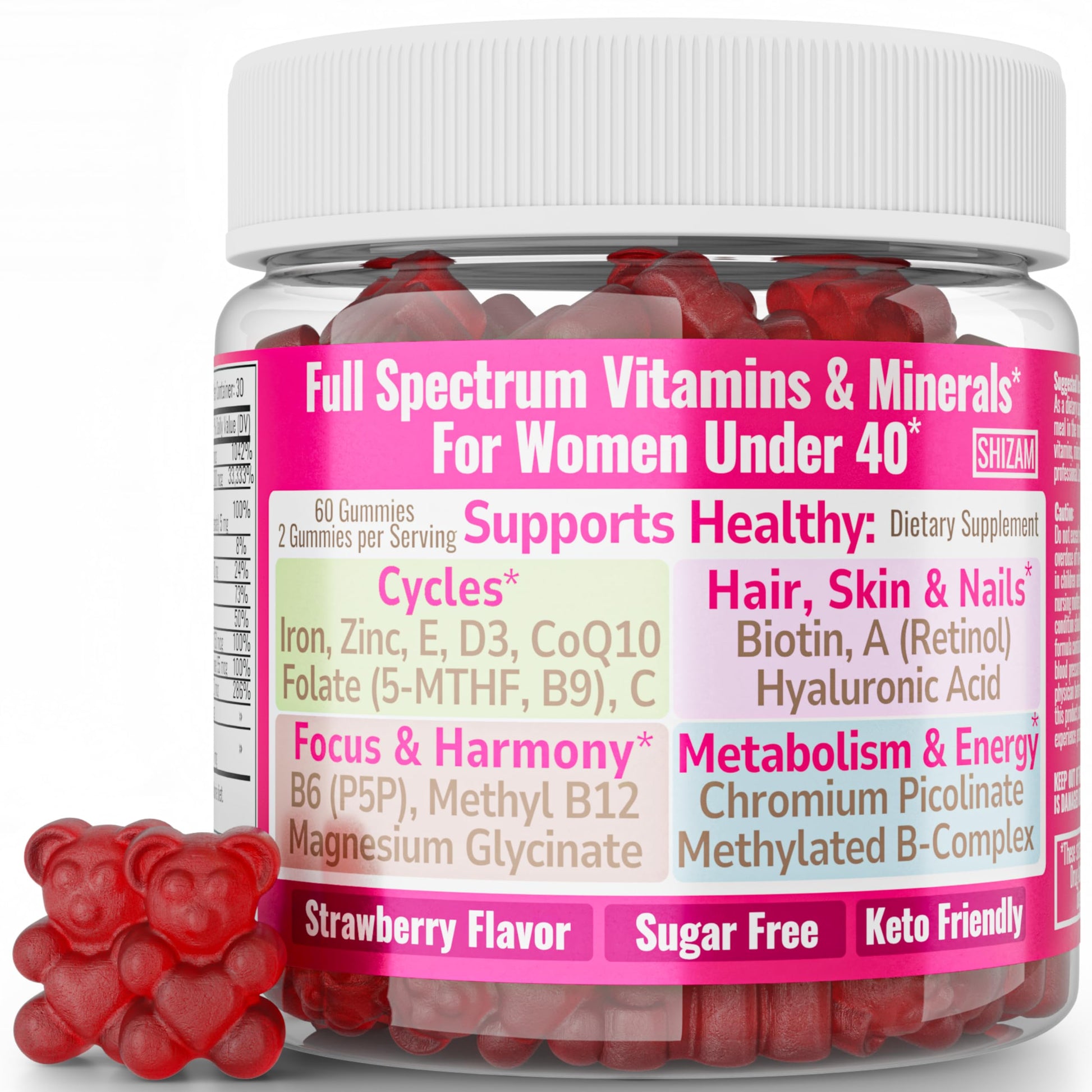 SHIZAM Folate (5-MTHF) & Methylfolate with Chromium Picolinate, Biotin, Vitamin D3, B6 P5P & Methylated B-Complex for Women Gummies, 60 Count