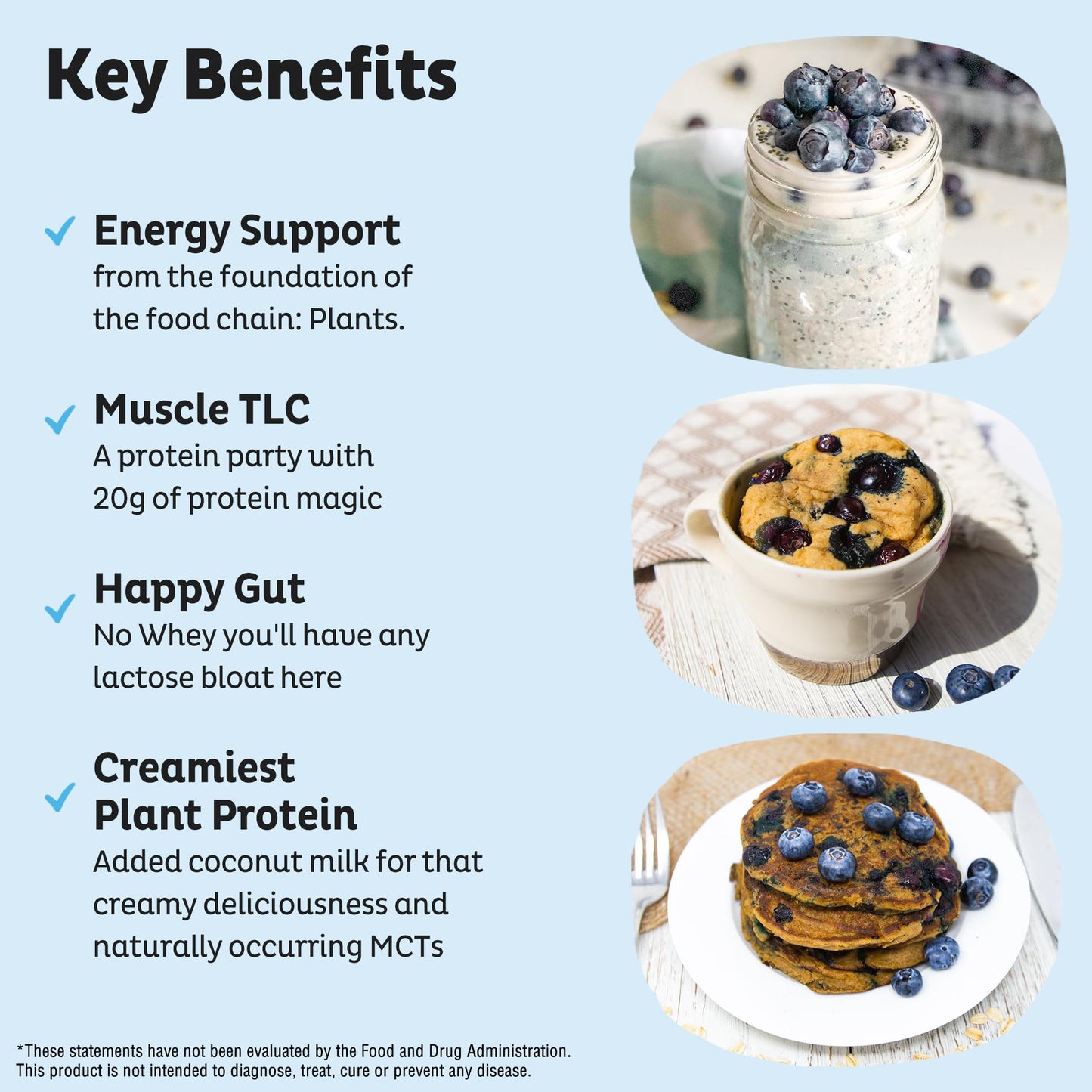 KOS Plant Based Protein Powder, Blueberry Muffin - Organic Pea Protein with Spirulina and Immune Support, 20.6 oz
