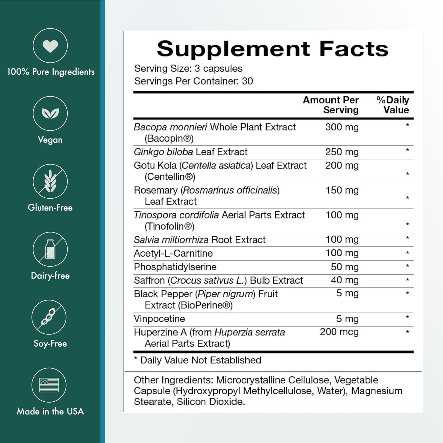 Natura Health Products Vibrant Mind Nootropic Brain Supplement for Memory and Focus Featuring Bacopa, Ginkgo Biloba, Centellin & Phosphatidylserine, Caffeine Free, 90 Capsules