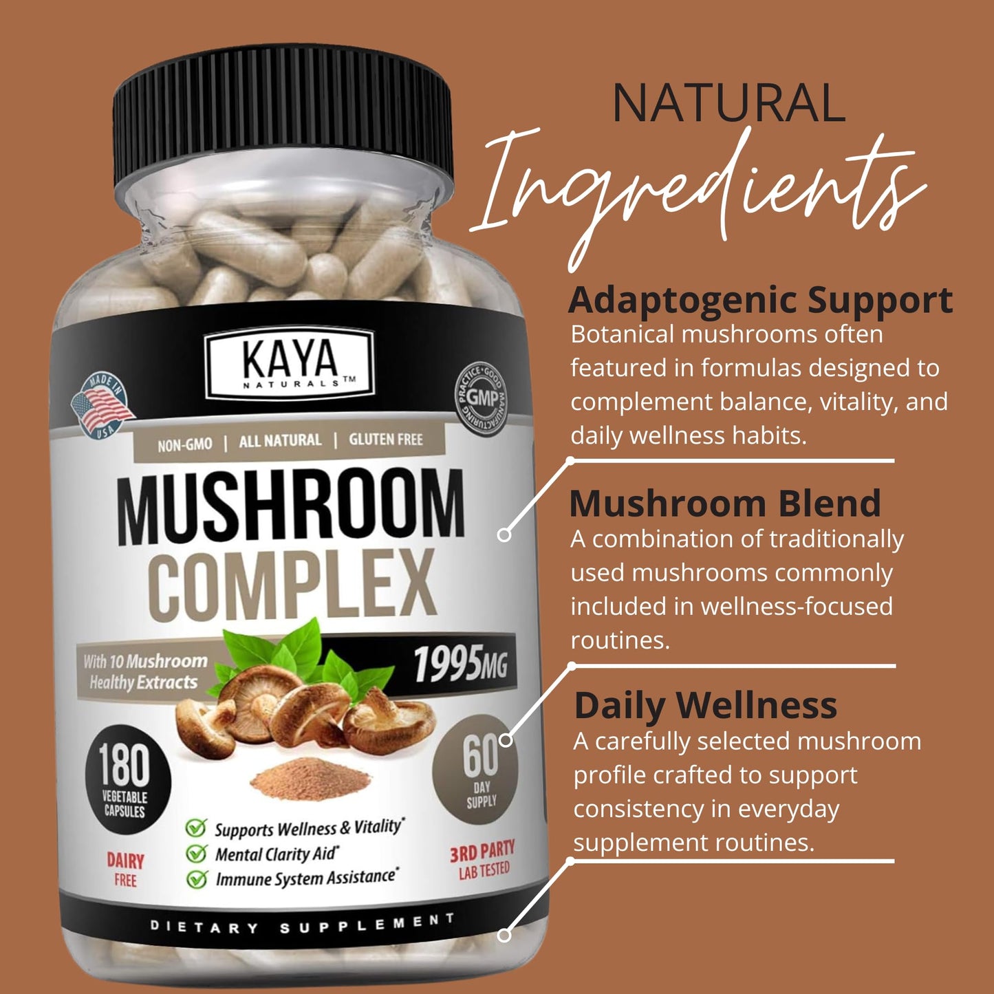 Kaya Naturals Mushroom Complex Capsules 180 Count