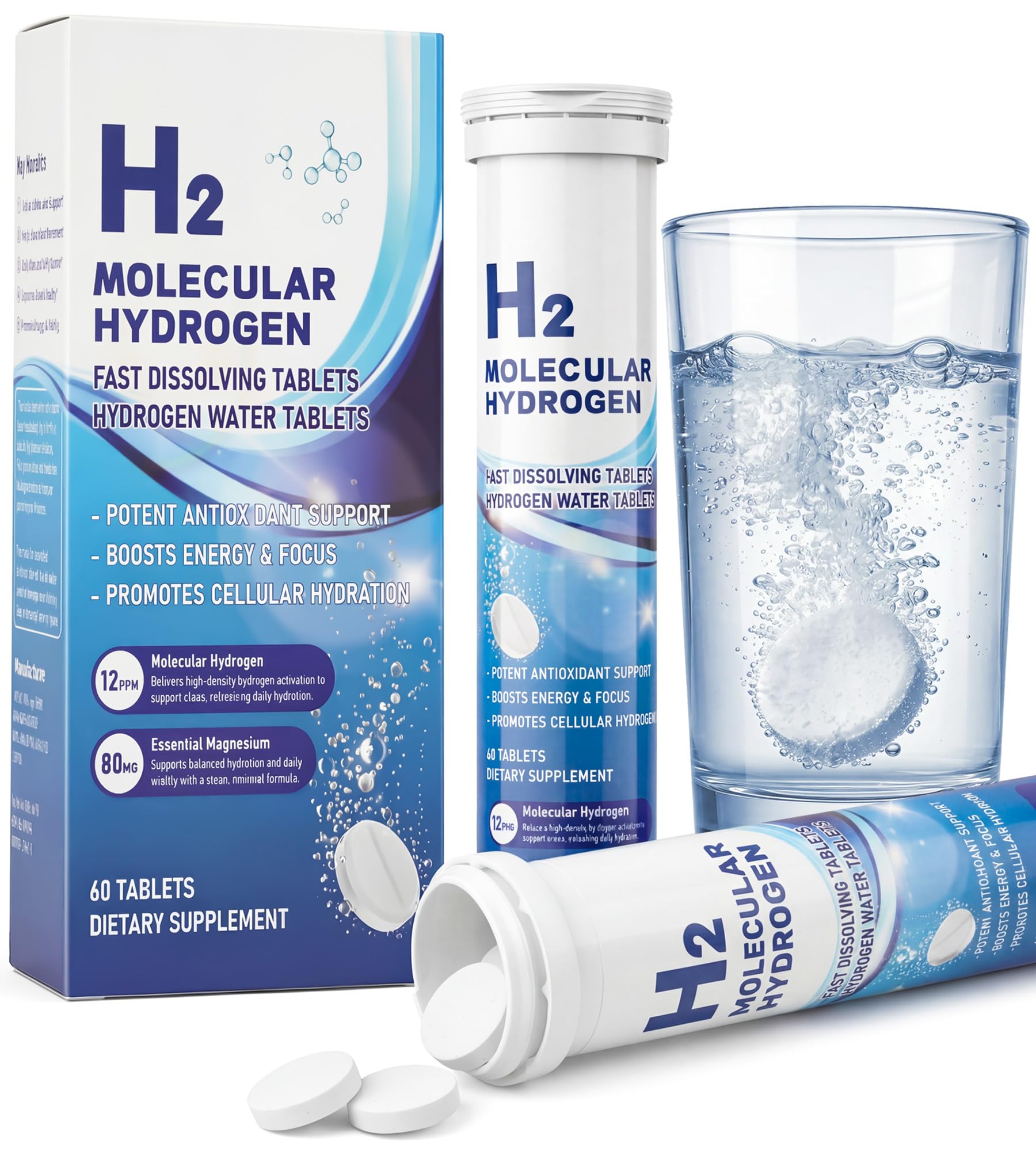 Hekeauo Hydrogen Water Tablets with Magnesium 12PPM H2 Molecular Hydrogen Tablets for Drinking Water, 60 Tablets