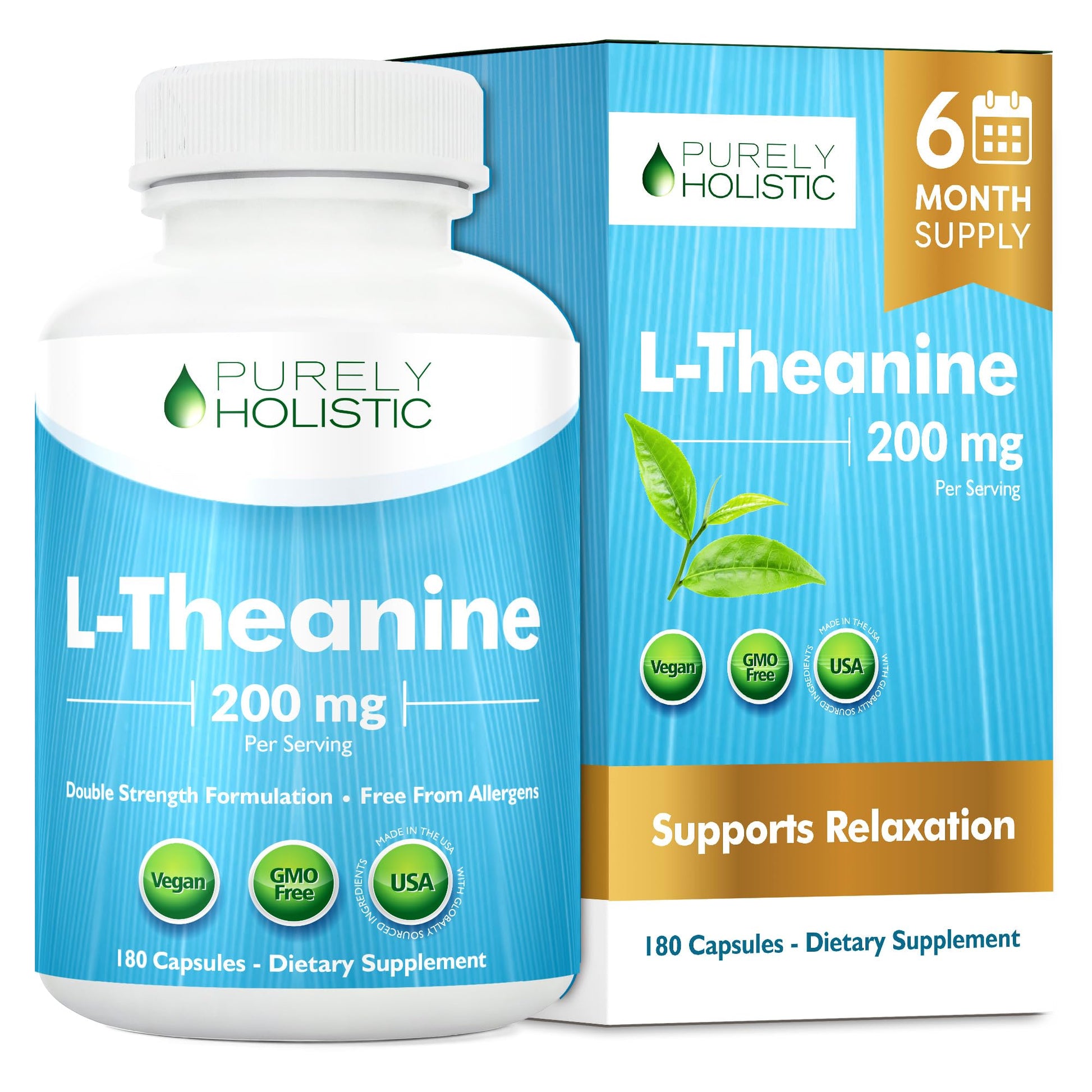 Purely Holistic L-Theanine 200mg (Double-Strength) Capsules 180 Count