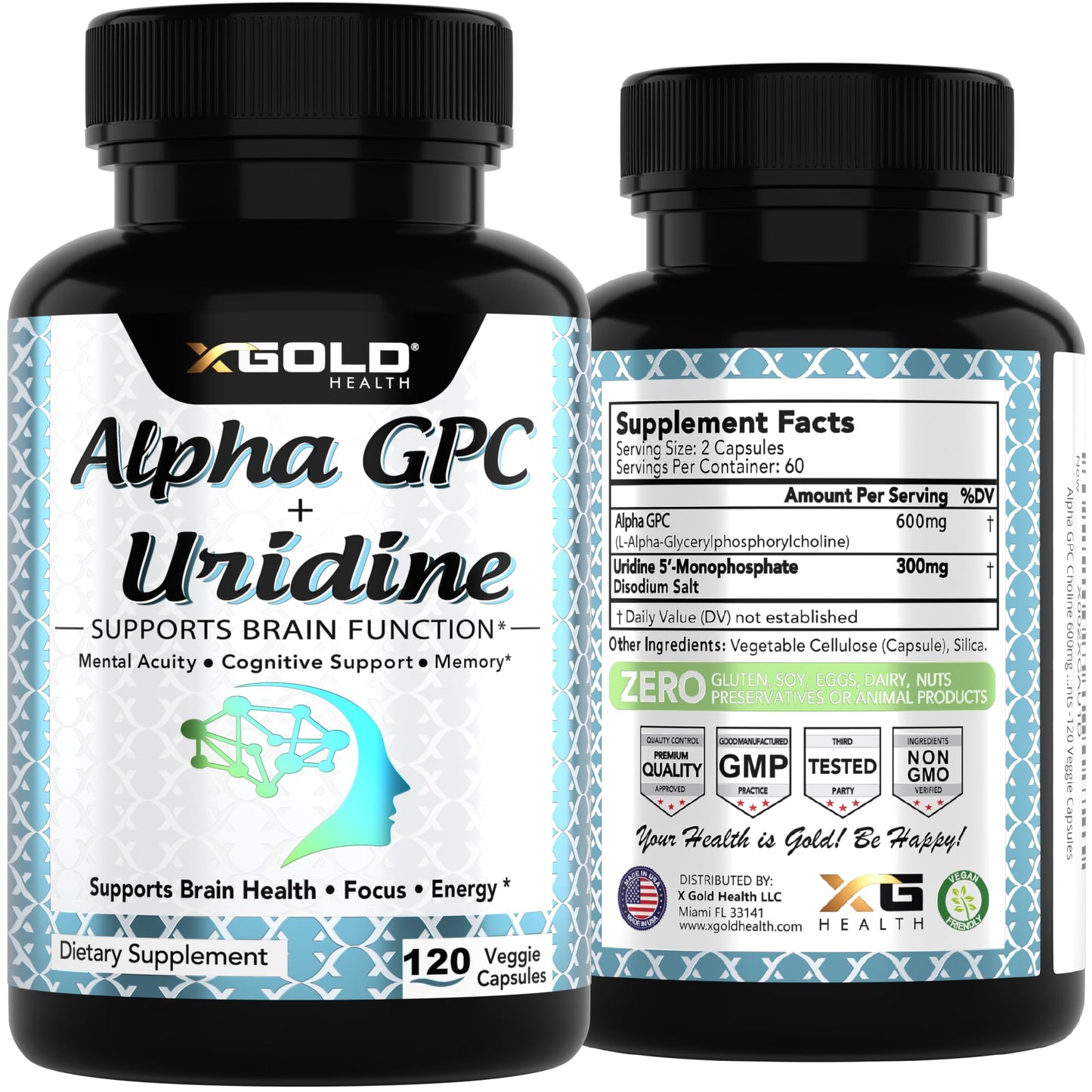 X Gold Health Alpha GPC + Uridine 900mg Powerful Nootropic Capsule, 120 Capsules
