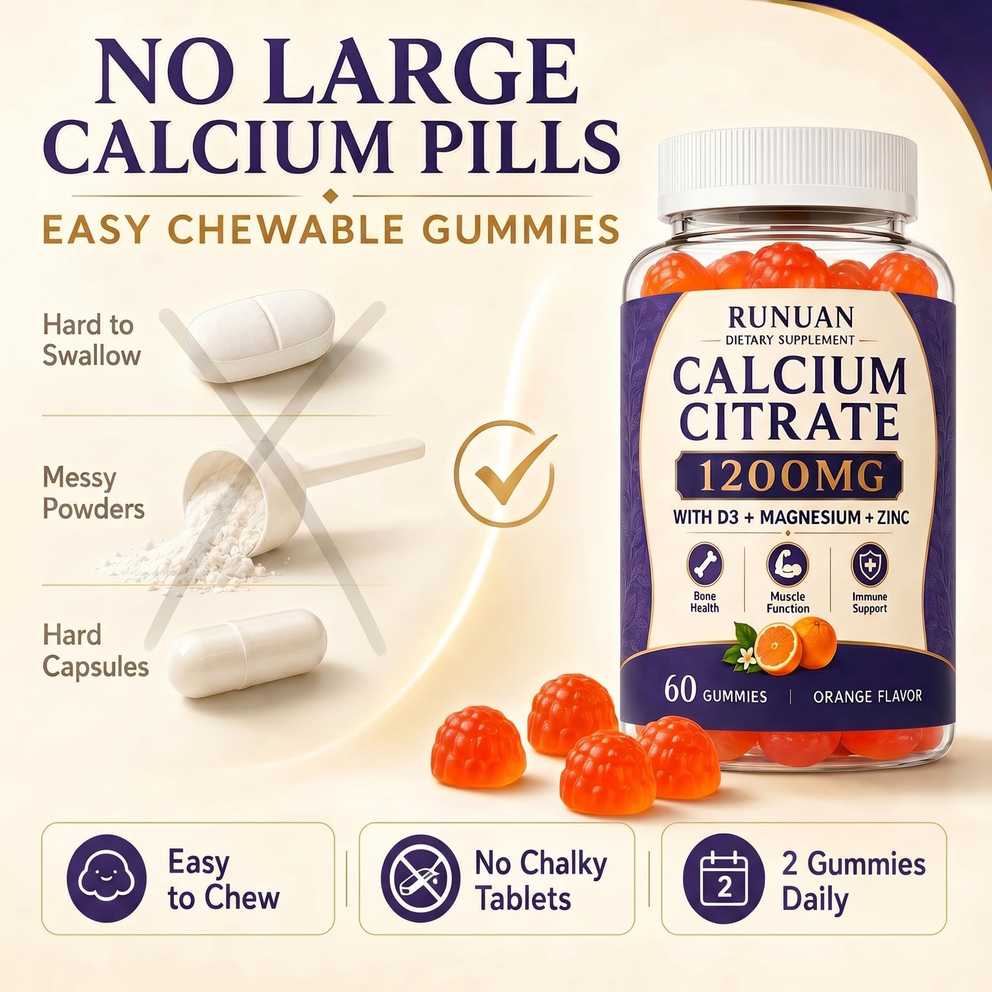 RUNUAN Calcium 600mg, 1200mg Magnesium, Zinc D3 Gummies, 120 Count