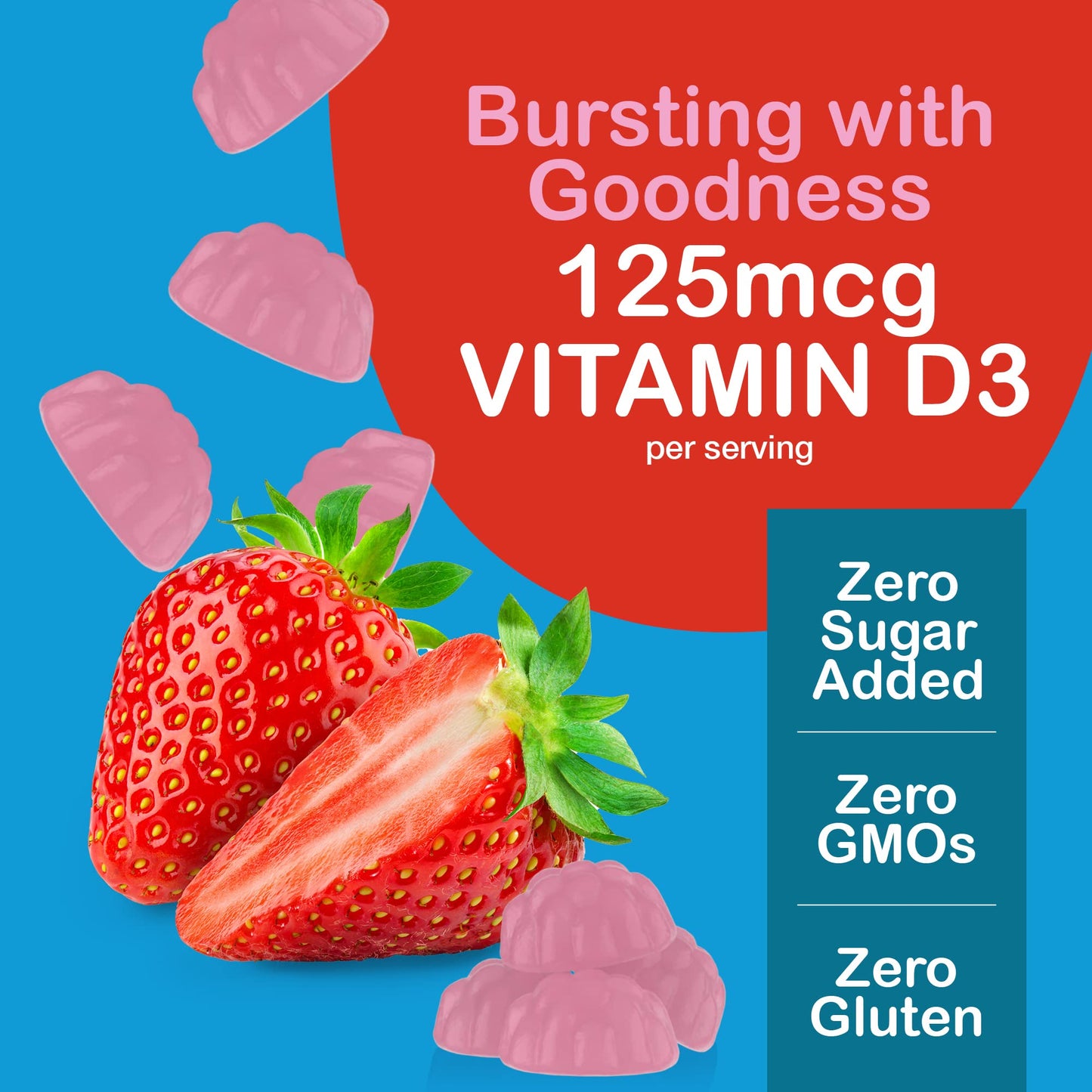 YUM-V'S Vitamin D3 Gummies with Zero Sugar for Adults & Kids (125 mcg) 60 Count