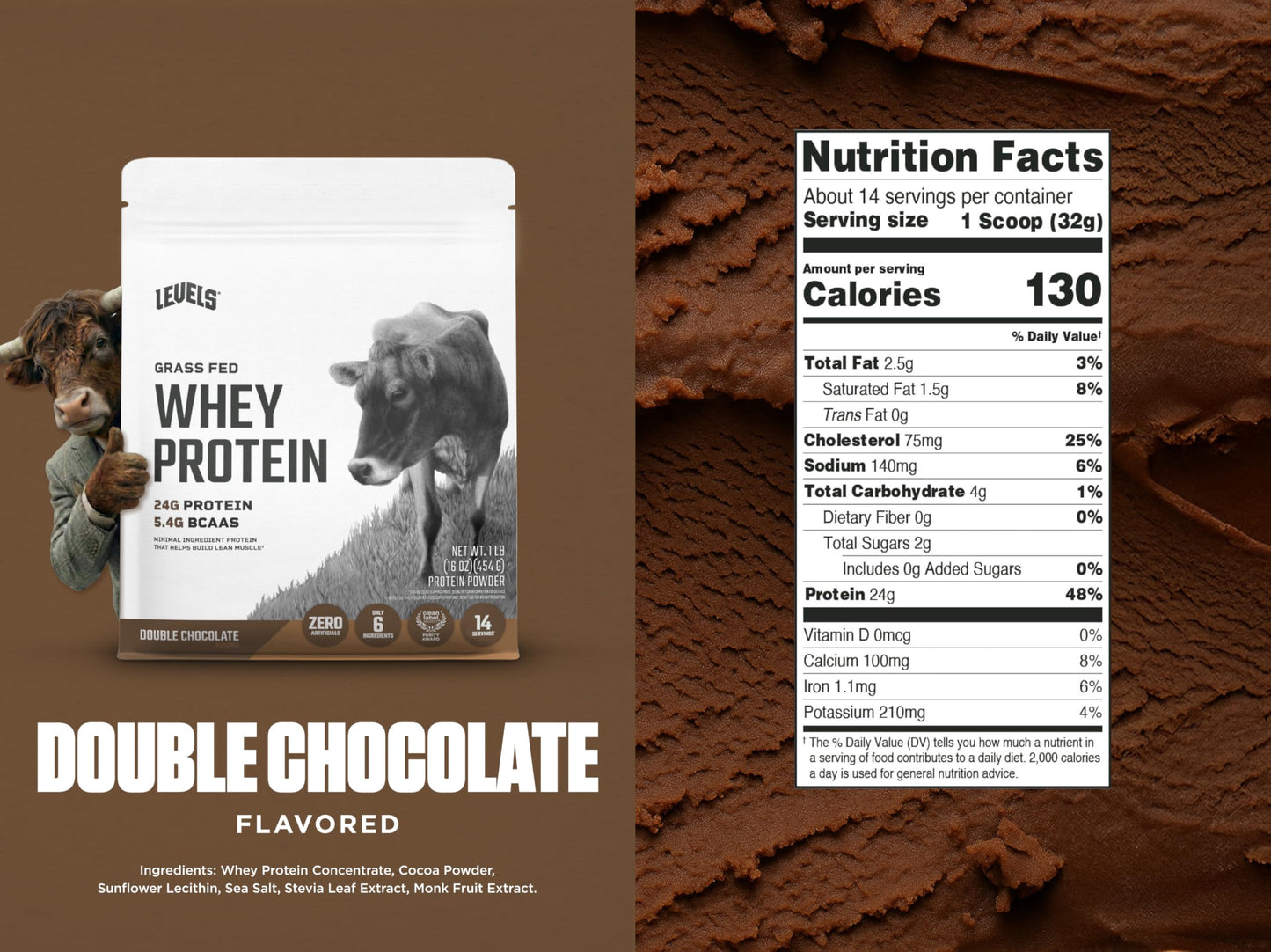 Levels Nutrition Grass Fed Whey Protein Powder, Double Chocolate, 16 Servings, 1 lb