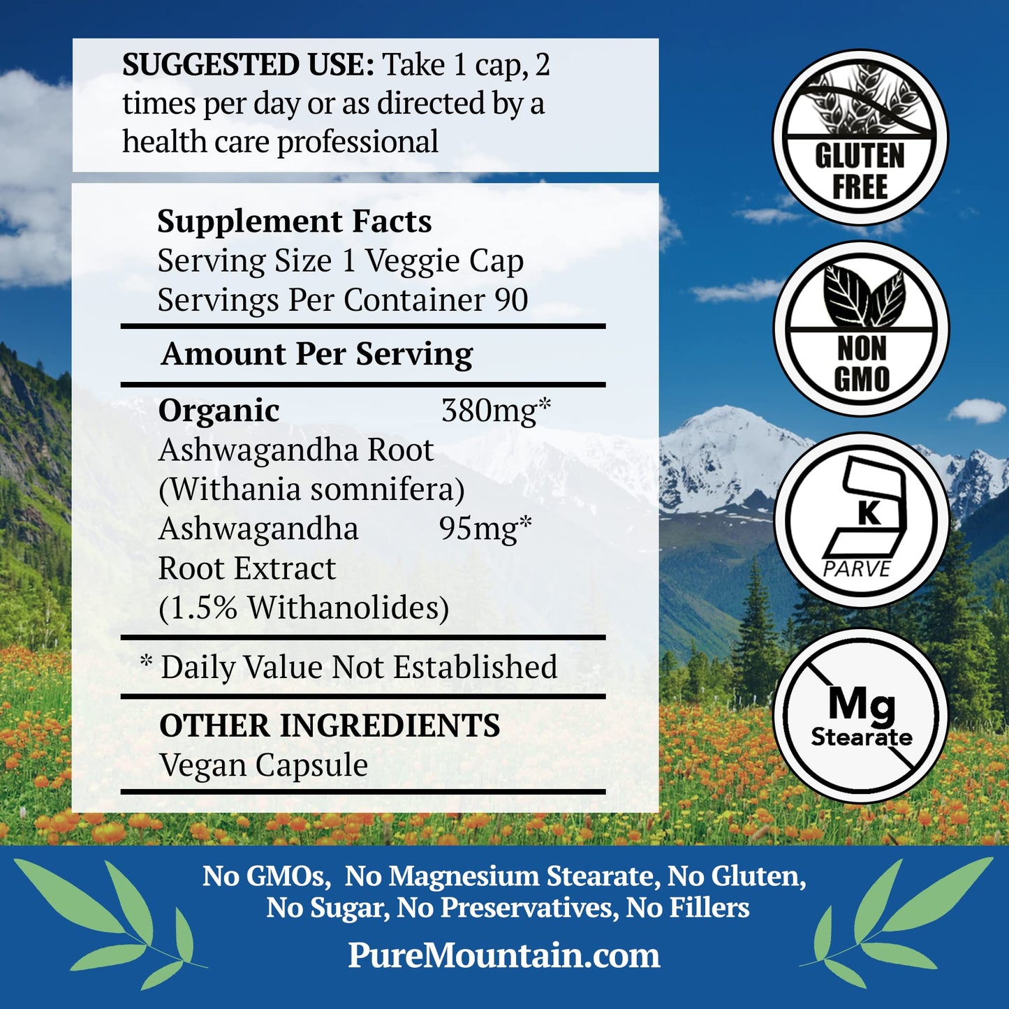 Pure Mountain Botanicals Ashwagandha 475mg Organic Root and Extract with 1.5% Withanolides Capsules, 90 Count